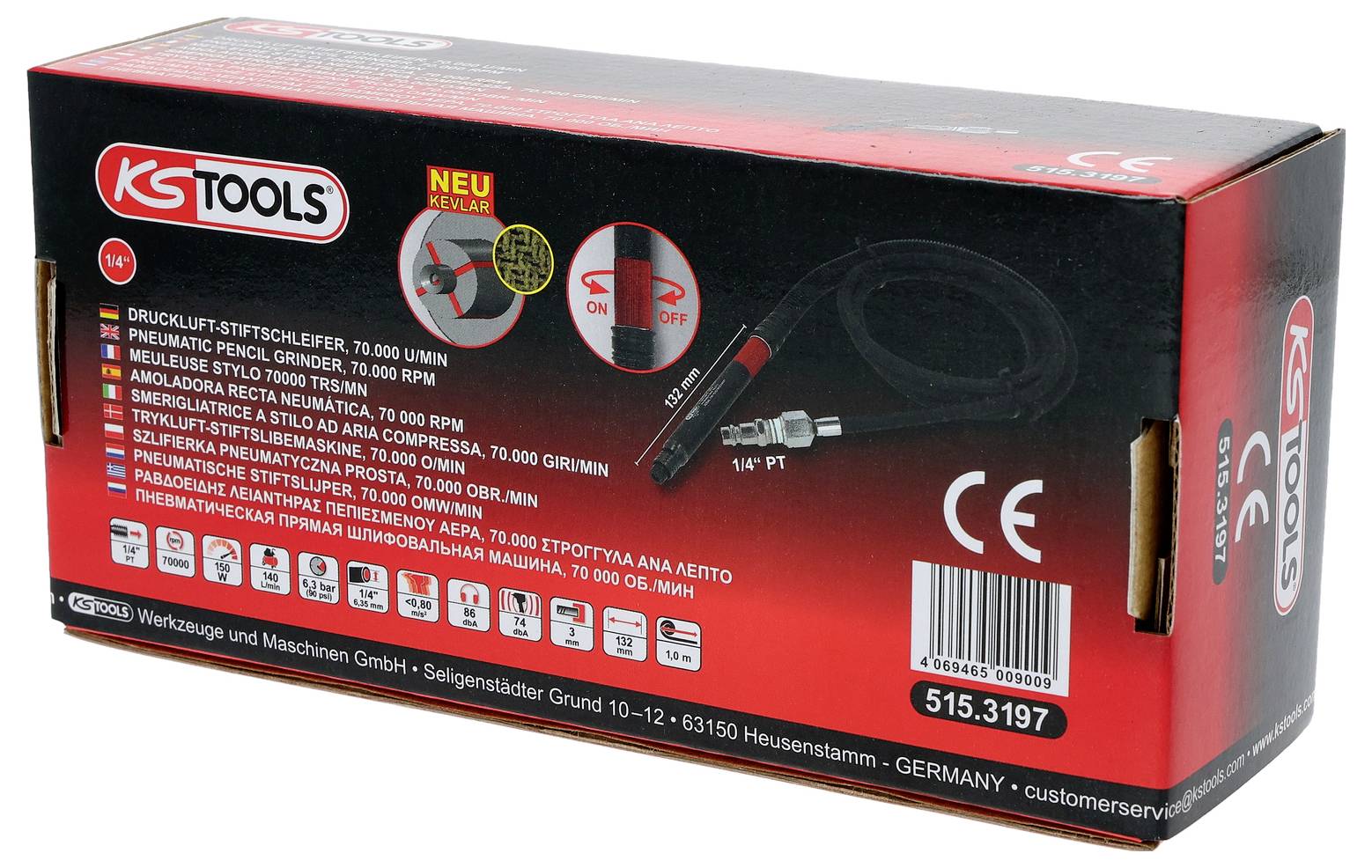 Červený a černý box KS Tools obsahující pneumatickou úhlovou brusku. Funkce zahrnují '70 000 ot./min', '1/4" PT', značky 'CE' a údaje o záruce.