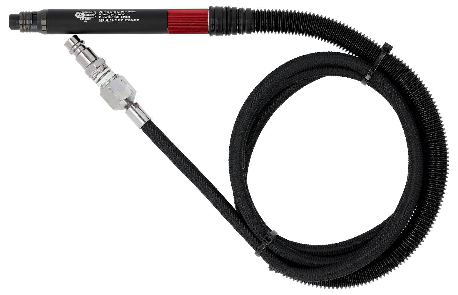 Flexibilní hadice s koncovkami, s červeným úsekem a černým vinutým potrubím, určená pro připojení pneumatických nebo hydraulických systémů.