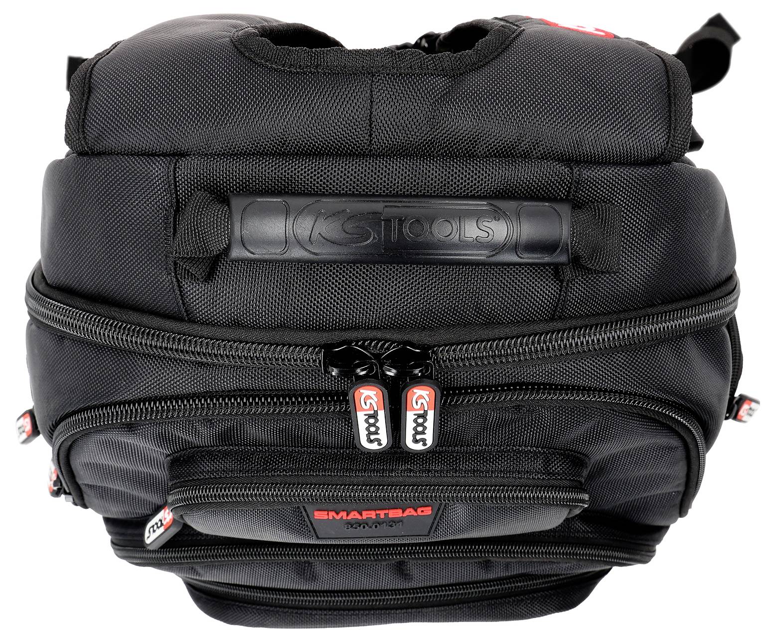 Černý, vícekapesní pracovní batoh na nářadí s nápisy "G-TOOLS" a "SMARTBAG", navržený pro organizaci a přenášení ručního nářadí.