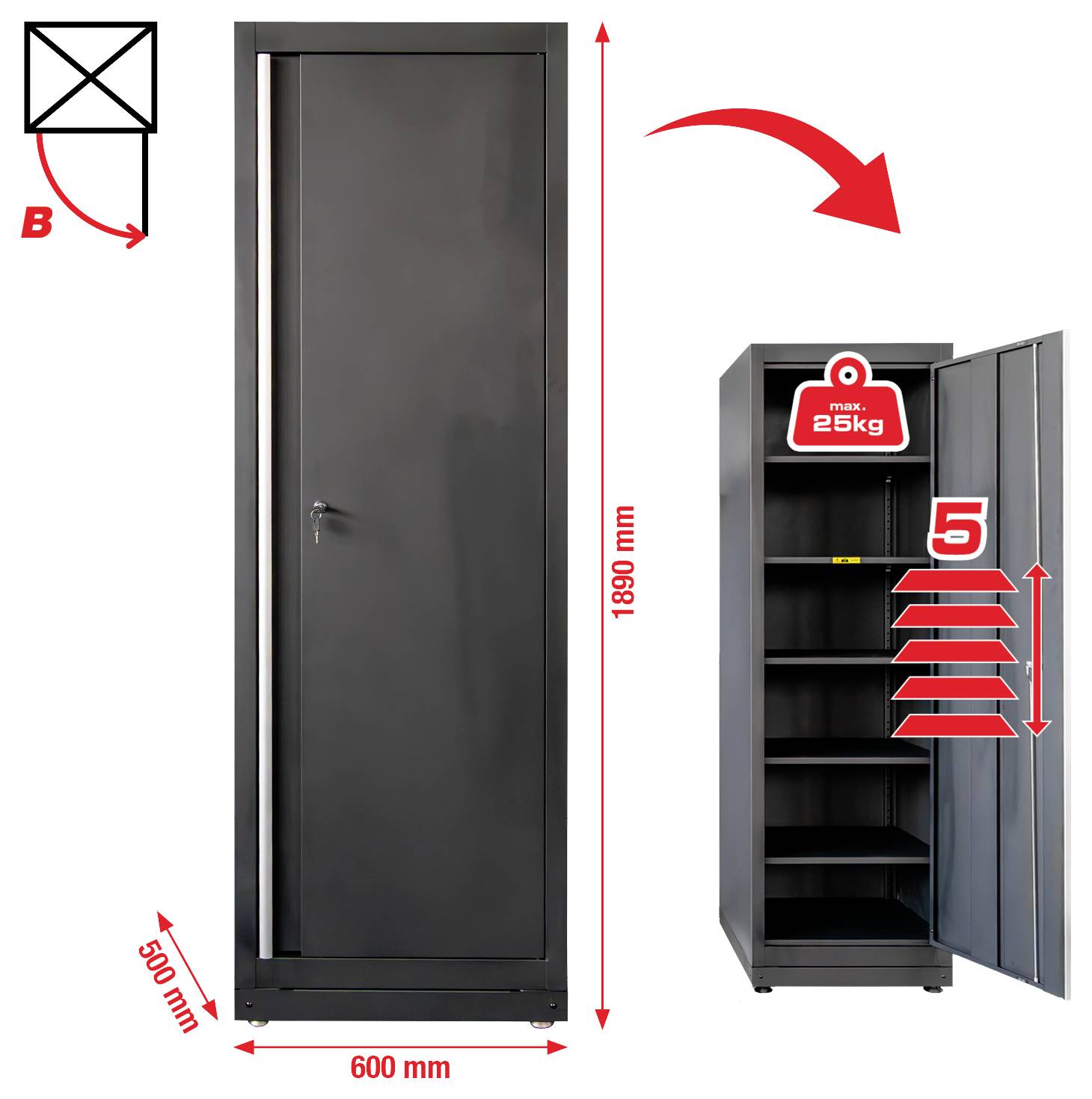 Vysoká černá kovová skříň s jedněmi dveřmi, rozměry 1800 mm x 600 mm x 500 mm. Pohled zevnitř odhaluje 5 nastavitelných polic s maximální nosností 25 kg na každou.