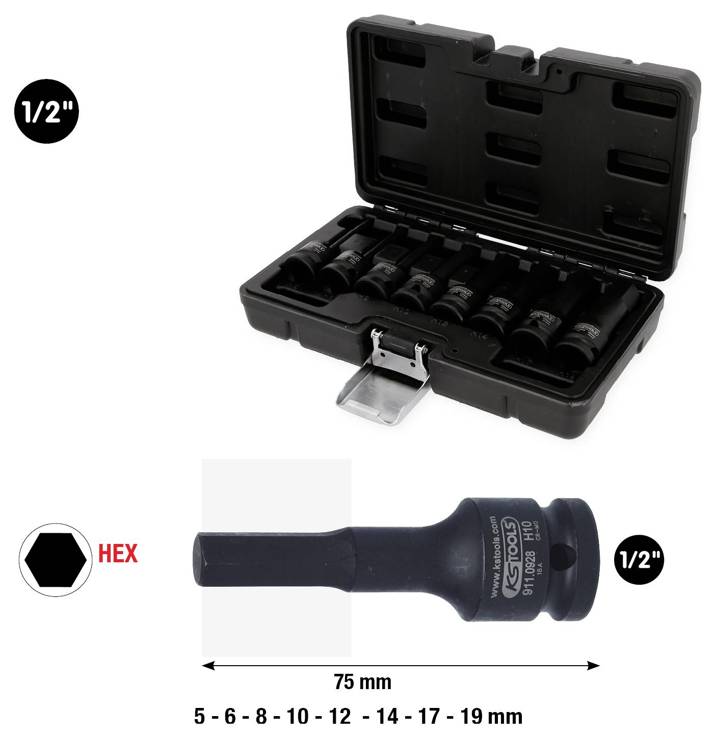 Sada šestihranných bitů v černém pouzdře s několika velikostmi. Zaměření na 75mm šestihranný bit označený 'HEX' a '1/2"'. Velikosti sahají od 5 do 19 mm.