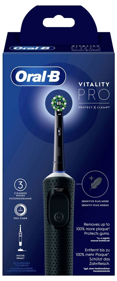 Elektrický zubní kartáček Oral-B Vitality s třemi čisticími režimy, včetně citlivého plus módu, Pro-Timeru, který údajně odstraní až o 100 % více zubního plaku.