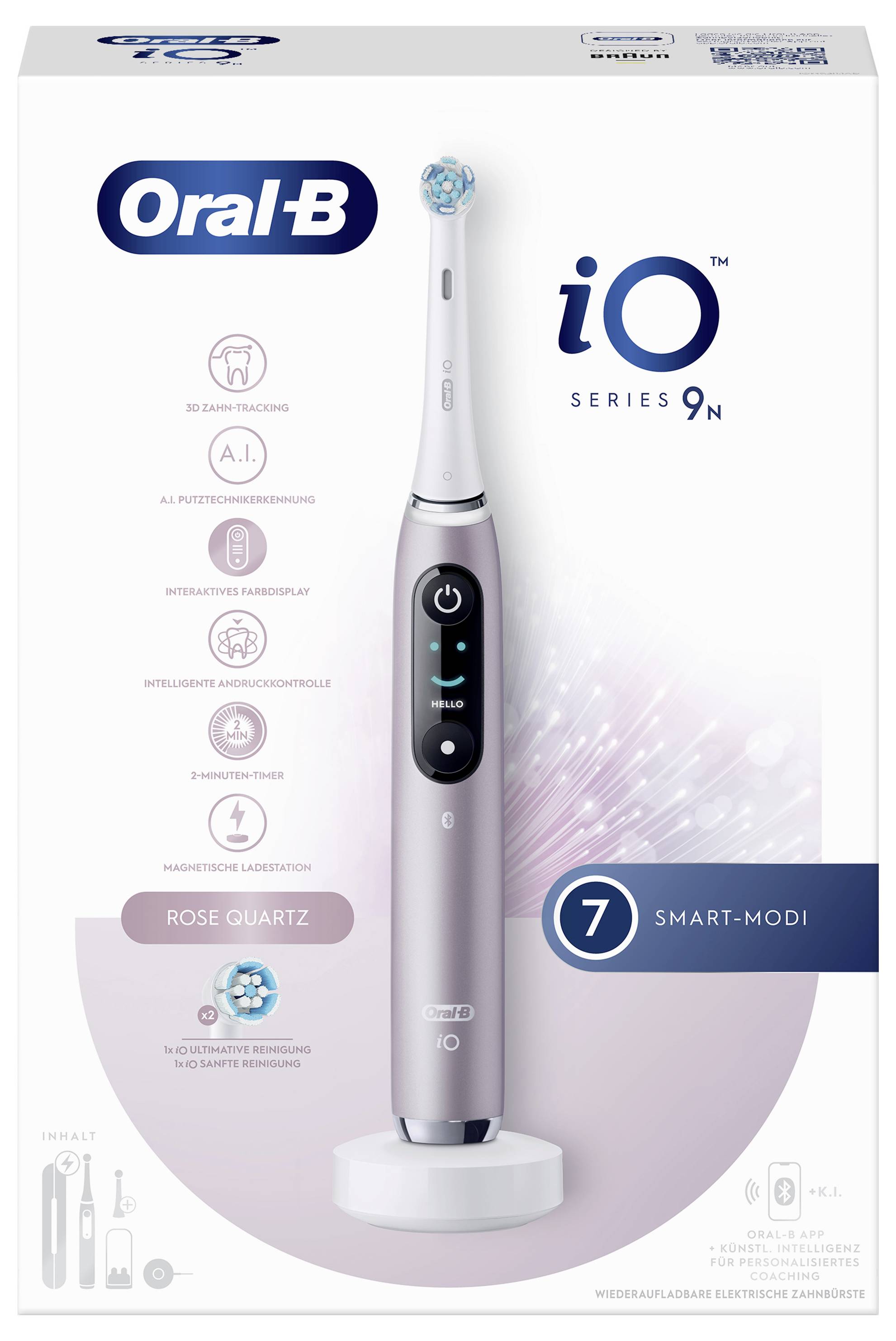 'Oral-B iO Series 9N Rose Quartz' elektrický zubní kartáček - obal. Pohled zepředu ukazuje zubní kartáček na nabíjecí základně, zvýrazňuje sedm inteligentních režimů.