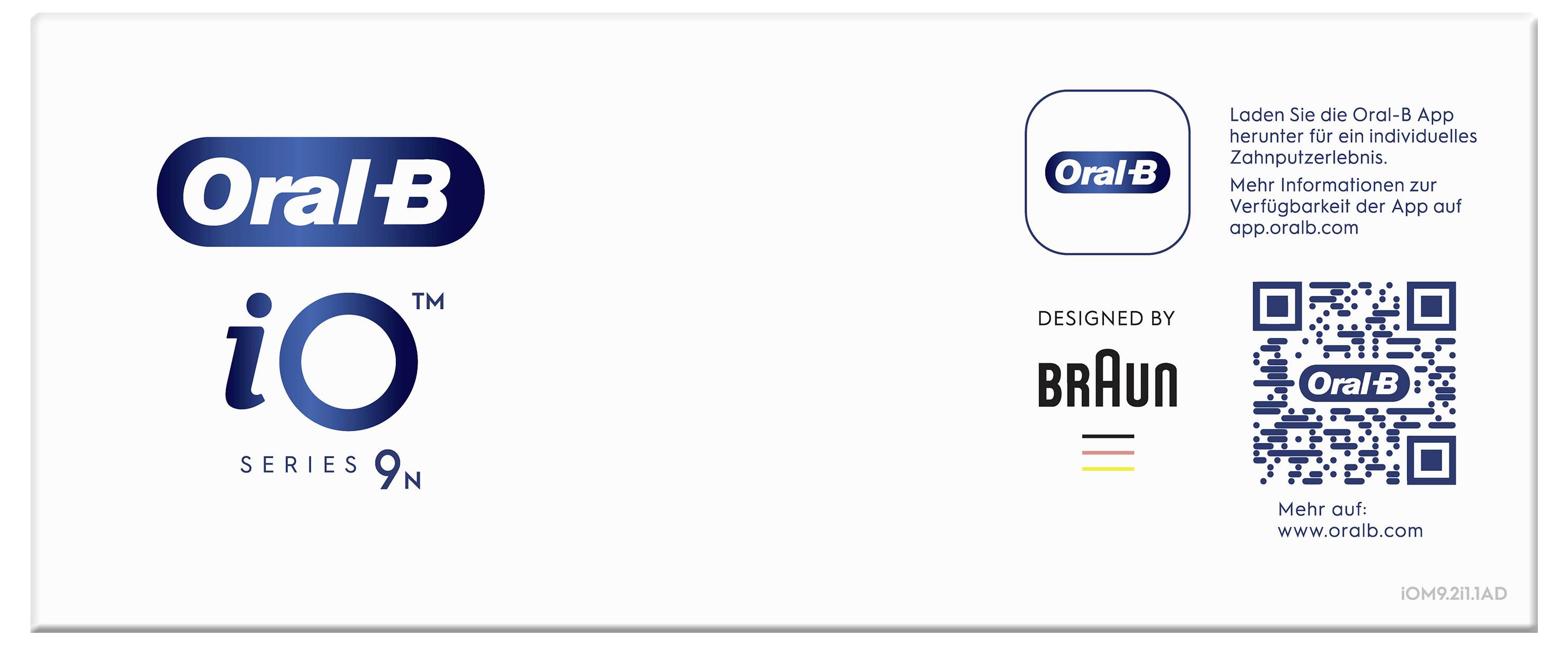 Logo a značkové prvky 'Oral-B iO Series 9N' s QR kódem pro stažení aplikace, navržené společností Braun, nabízející personalizovanou zkušenost s čištěním zubů.