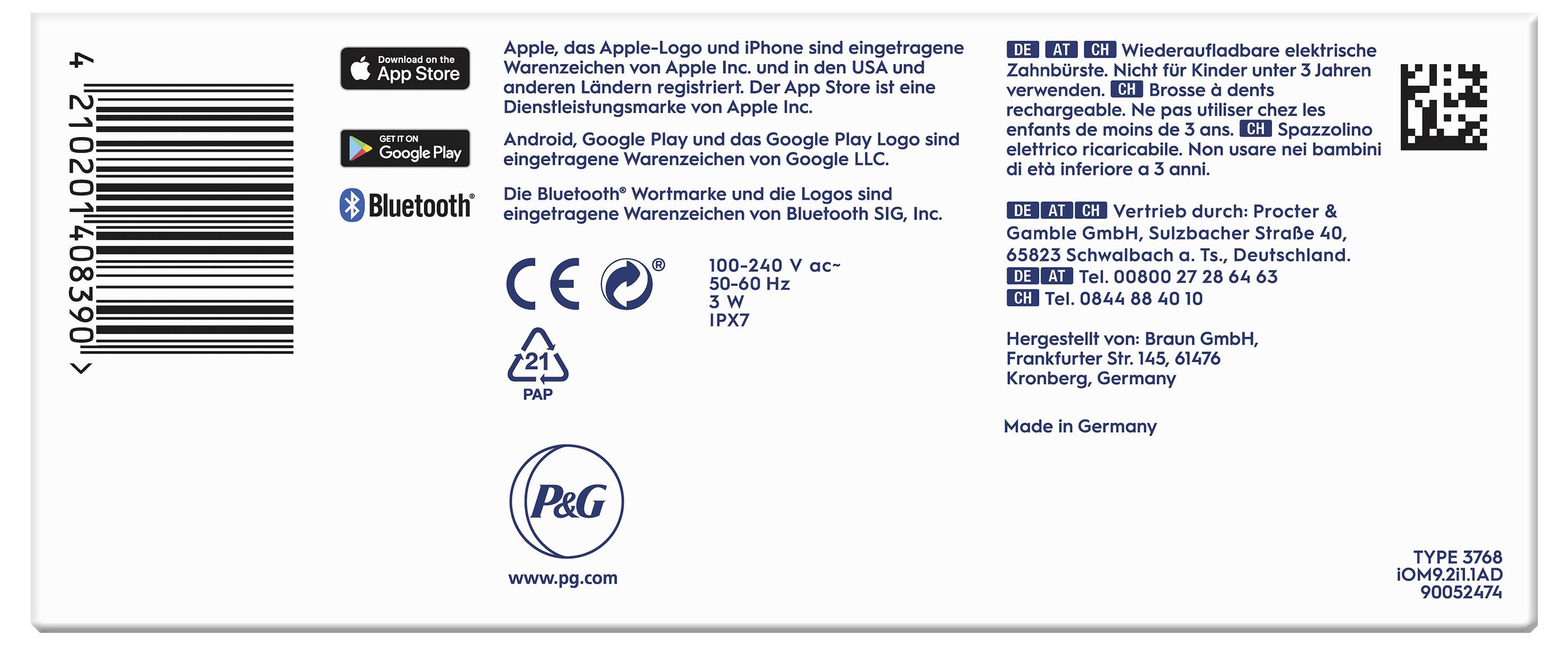 Zadní strana obalu zobrazuje loga a text uvádějící dostupnost aplikace, schopnosti Bluetooth a výrobní údaje společnosti Procter & Gamble v Německu.