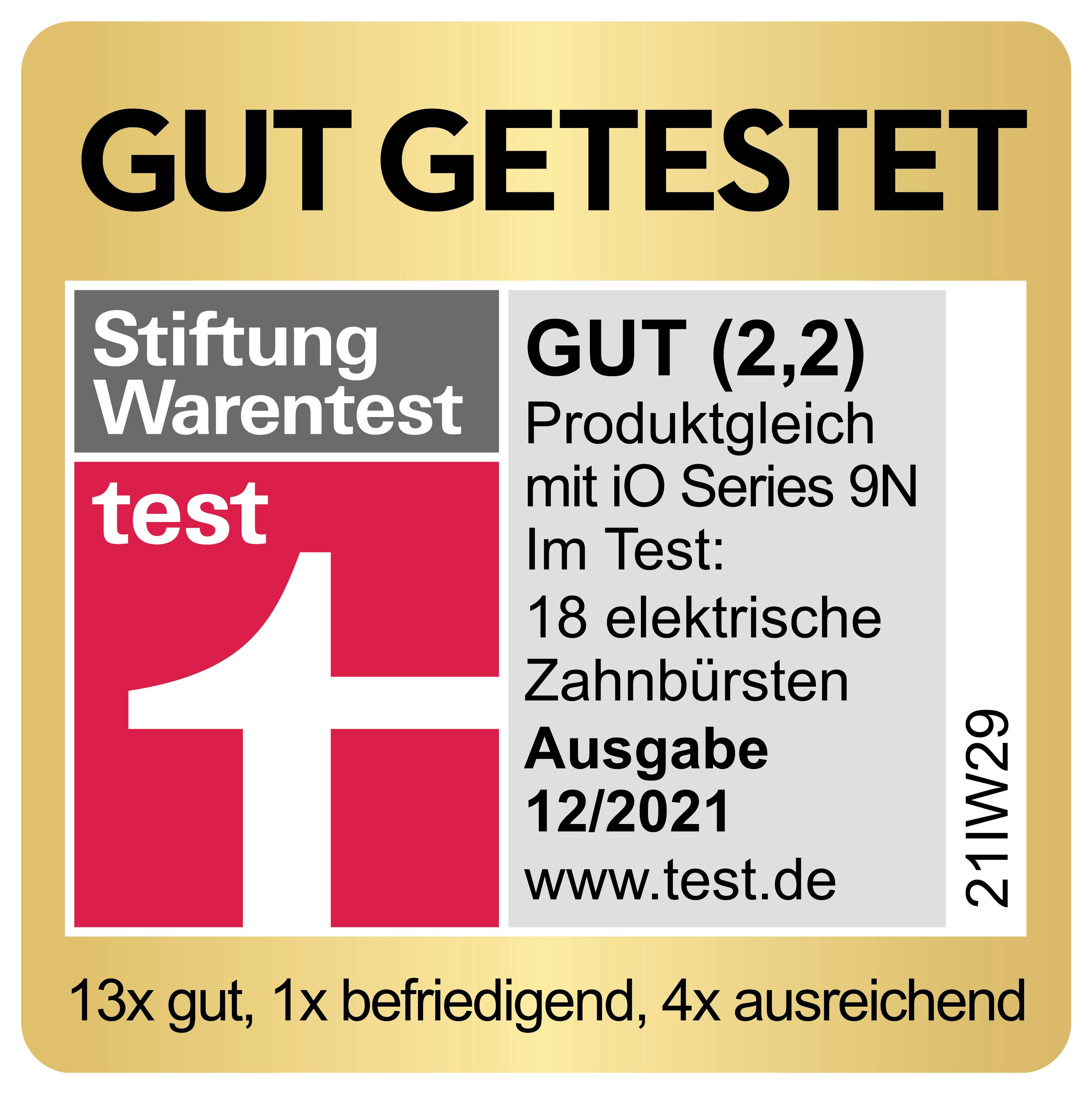 "DOBŘE OTESTOVÁNO" štítek s logem Stiftung Warentest. Hodnocení 'DOBŘE (2,2)' pro 18 elektrických zubních kartáčků. Číslo 12/2021, www.test.de.