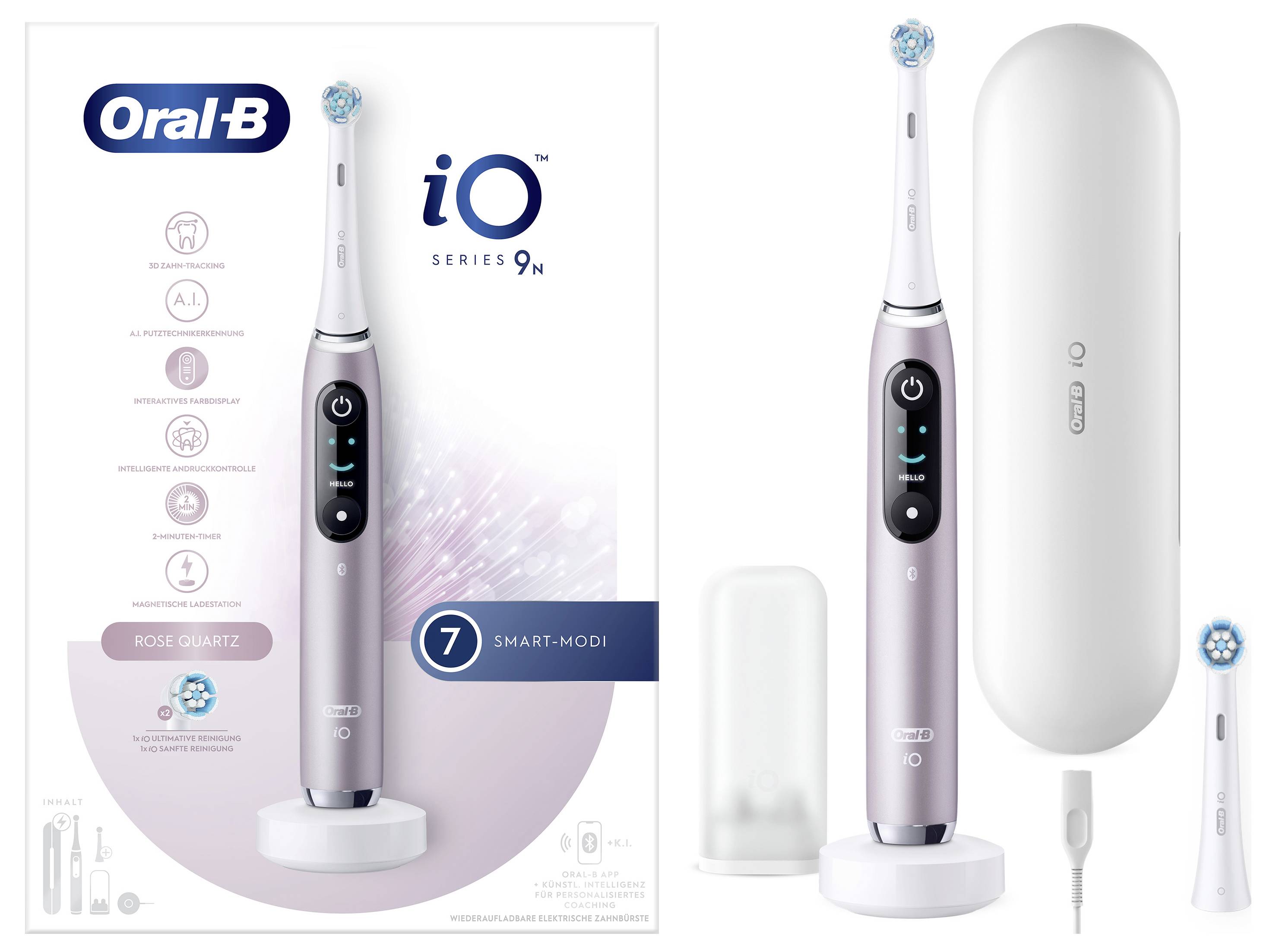 Elektrický zubní kartáček Oral-B iO Series 9N v barvě růžového křemene s funkcí Smart-Módů. Obsahuje nabíjecí stanici, cestovní pouzdro a náhradní kartáček hlavy.