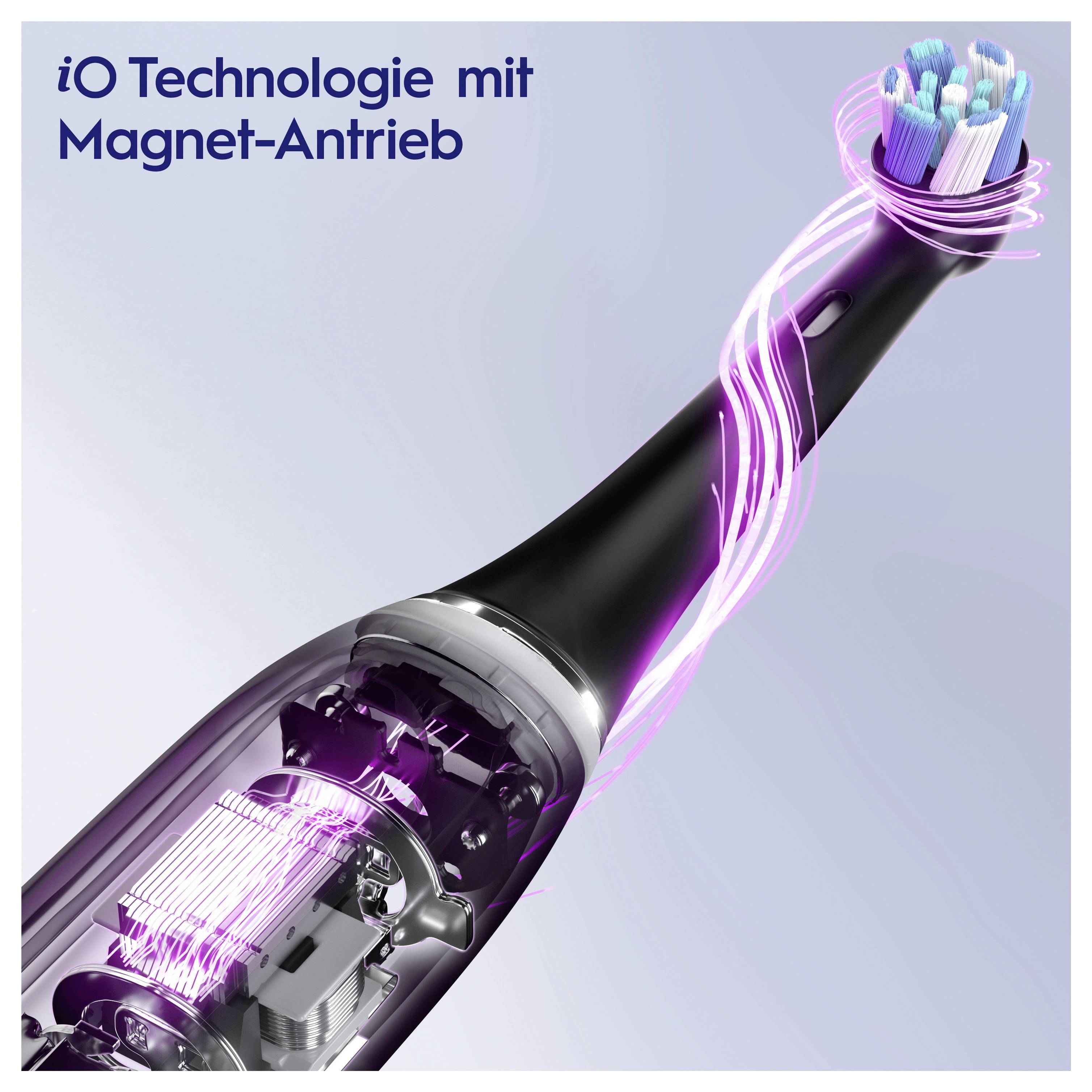 Zubní kartáček s žhnoucími růžovými štětinkami a detailem motoru, označený štítkem "iO technologie s magnetickým pohonem", který naznačuje magnetickou technologii pohonu.