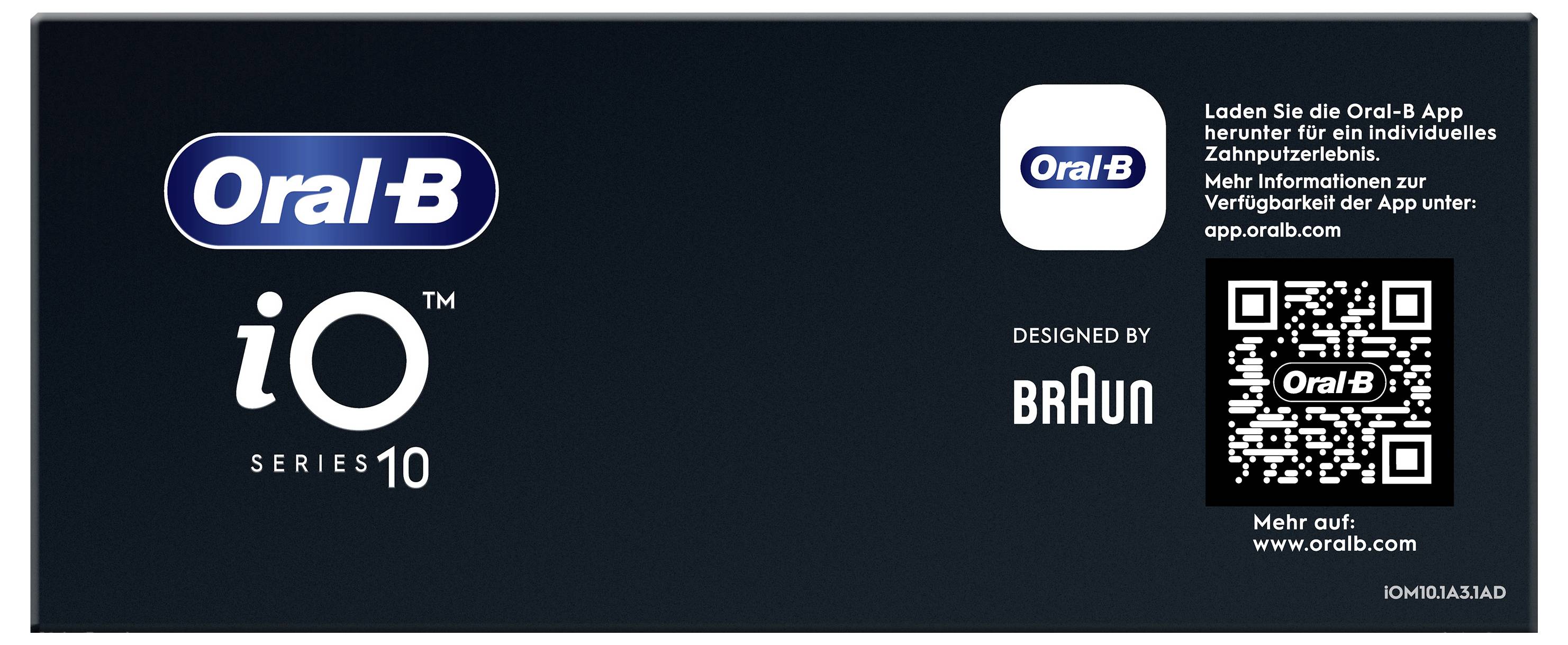 Obrázek zobrazuje krabici elektrického zubního kartáčku Oral-B iO Series 10. Nachází se na ní QR kód, text "NAVRŽENO SPOLEČNOSTÍ BRAUN" a informace o stažení aplikace.