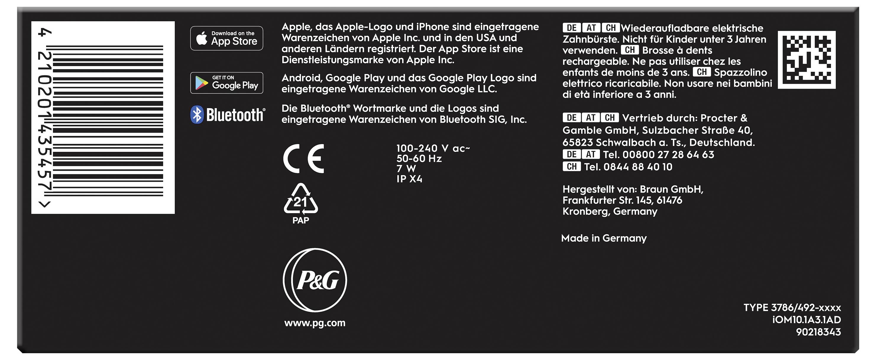 „Vyrobeno v Německu". Obsahuje symboly Bluetooth a recyklace. Zmiňuje kompatibilitu s Apple a Google. Značka P&G.