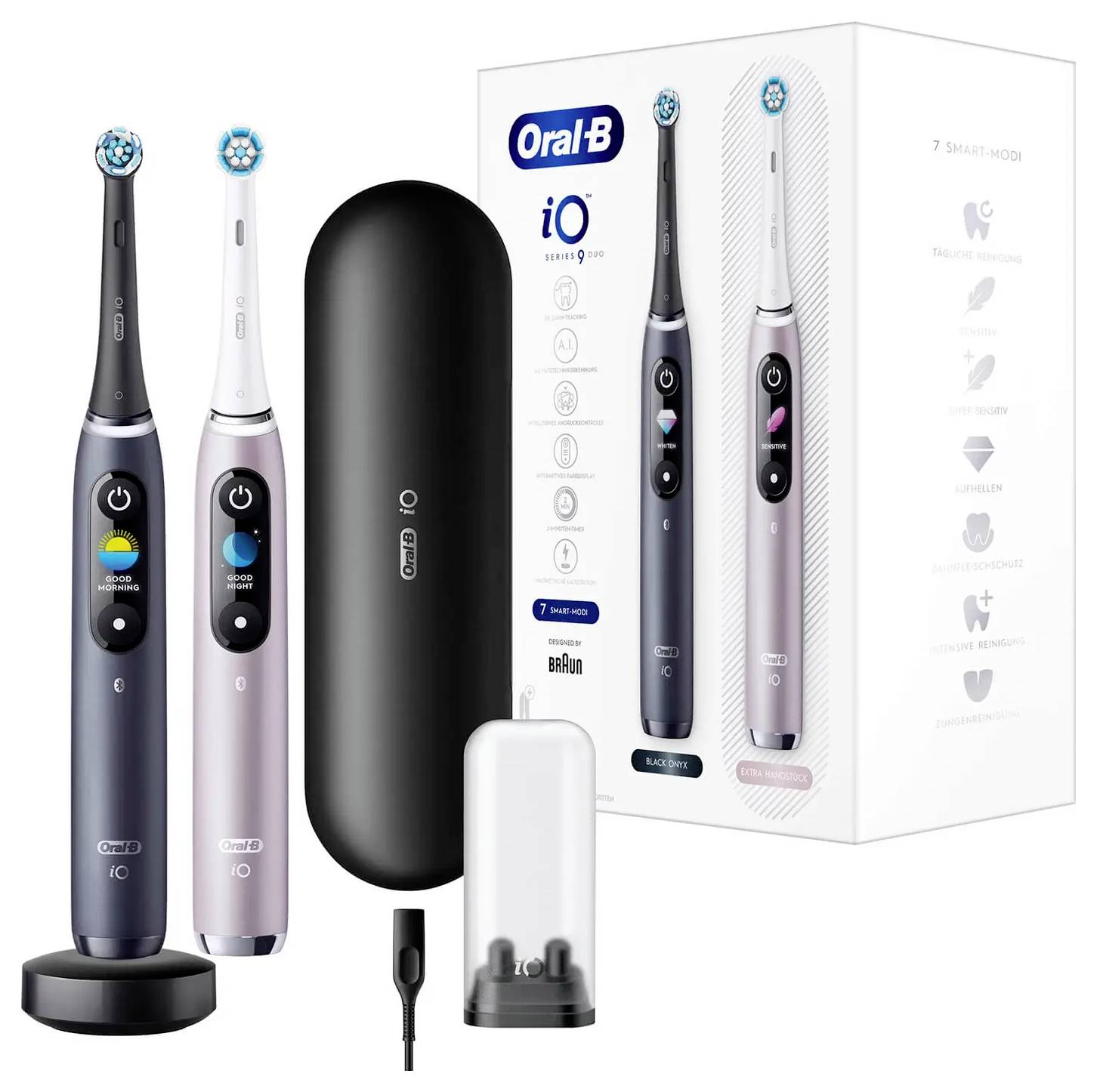 Dva elektrické zubní kartáčky Oral-B s digitálními displeji, nabíjecí základnou, cestovním pouzdrem a krabičkou s obchodní úpravou zobrazující funkce a "7 inteligentních režimů".