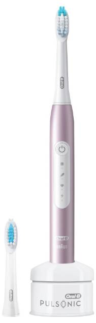 Elektrický zubní kartáček Oral-B Pulsonic Slim zobrazený s dodatečnou hlavicí a nabíjecí základnou, disponuje štíhlým designem a měkkými štětinkami pro péči o dásně.