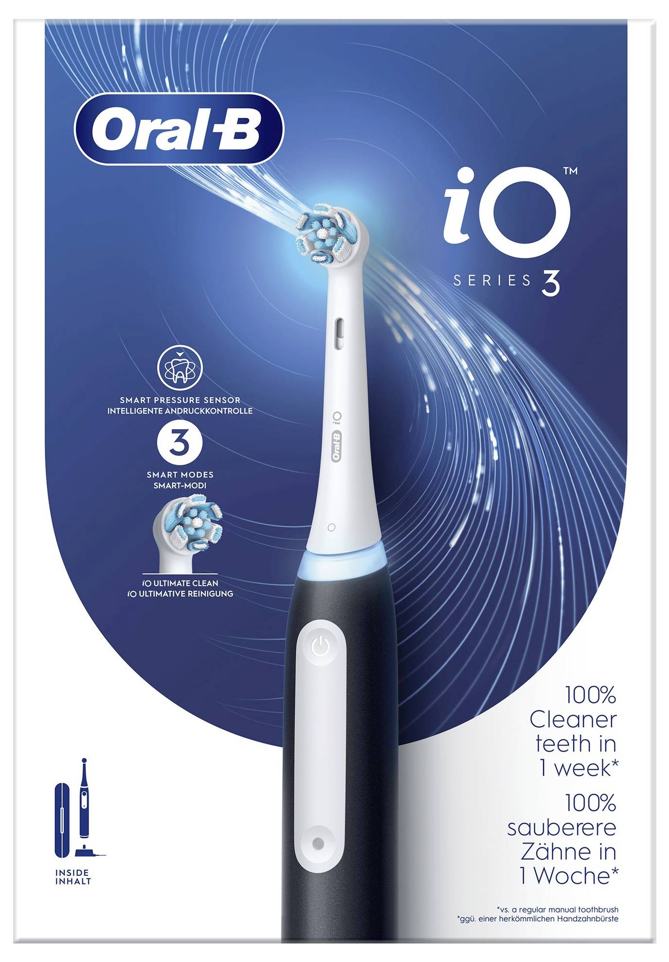 Elektrický zubní kartáček Oral-B iO Series 3 s inteligentním tlakovým senzorem, '3 inteligentními režimy' a slibem '100% čistších zubů za 1 týden'.