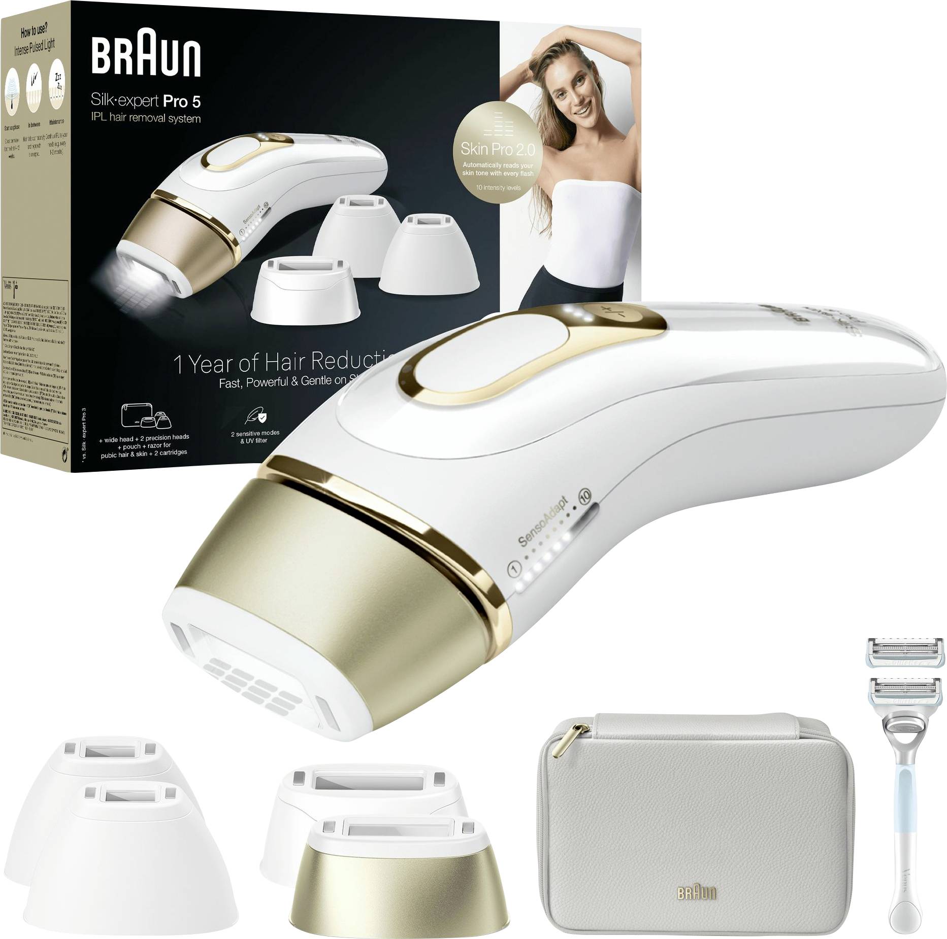 Je zobrazen epilátor Braun Silk-expert Pro 5 IPL s jeho obalem, třemi nástavci, bílou úložnou taškou a holicím strojkem.