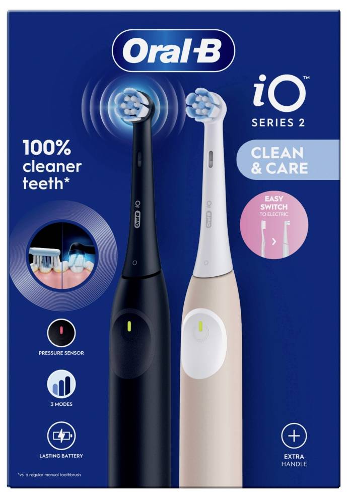 'Elektrické zubní kartáčky Oral-B iO Series 2 v černé a zlaté barvě. Mezi funkce patří tvrzení o 100% čistších zubech, tlakový senzor, 3 režimy, dlouhotrvající baterie a náhradní rukojeť.'