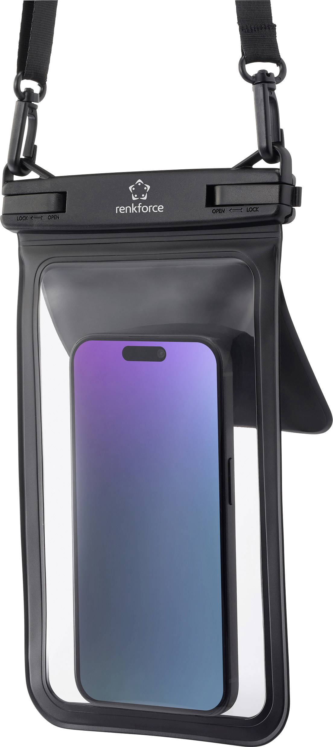 Smartphone uvnitř vodotěsného obalu s černým lemováním, s displejem v purpurovo-modrém gradientu. Obal je vybaven popruhem pro přenášení.