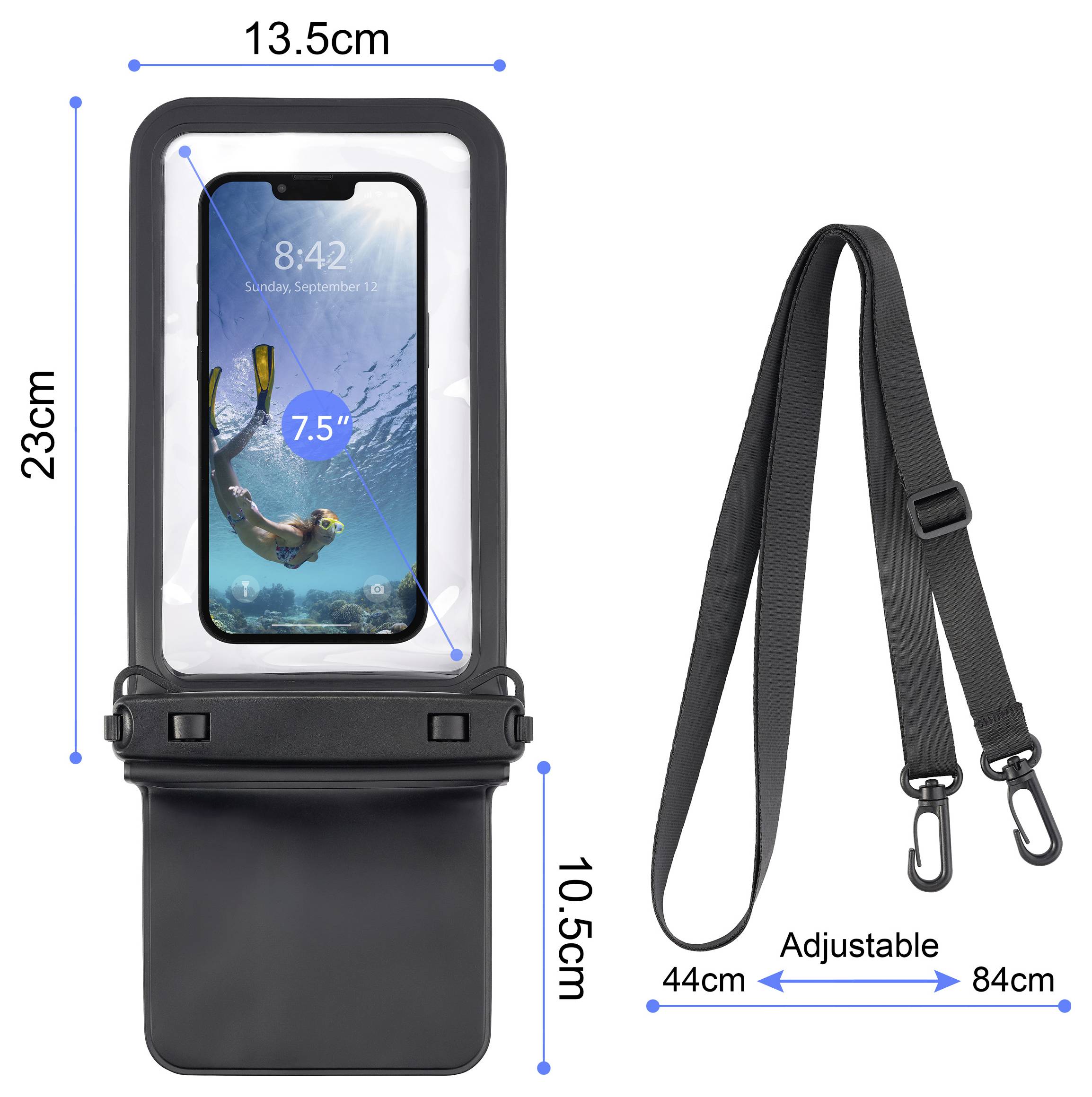 'Rozměry voděodolného pouzdra na telefon: 13,5 cm x 23 cm, vhodné pro zařízení do velikosti 7,5". Obsahuje nastavitelný popruh v délce 44 cm-84 cm. Vhodné pro použití pod vodou.'