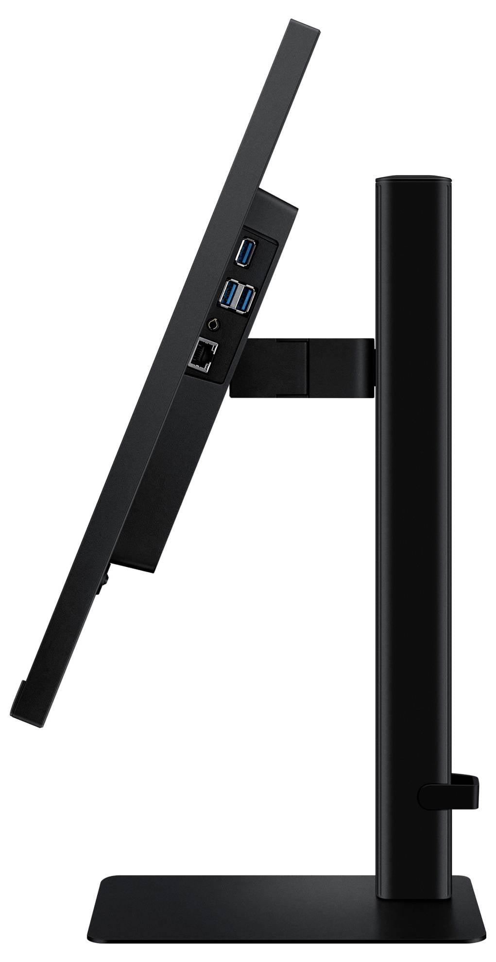 Boční pohled na tenký černý počítačový monitor s obdélníkovým podstavcem, na jehož zadní straně jsou zobrazeny vícenásobné USB porty a ethernetový port.