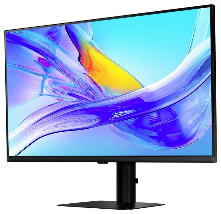 Monitor s elegantním, úzkým rámečkem a zářivým barevným displejem, který zobrazuje abstraktní digitální umění s modrými, fialovými a žlutými spirálami.