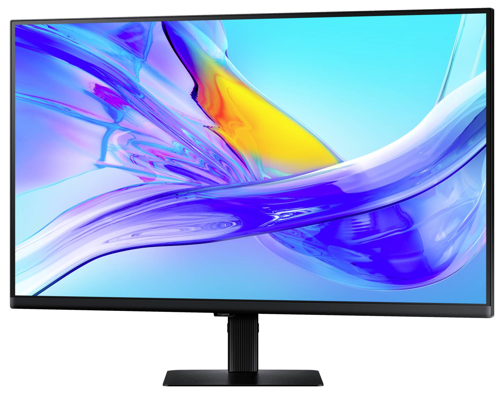 Elegantní moderní monitor zobrazující živý abstraktní tapetu v modrých, fialových a žlutých tónech, umístěný na bílém pozadí.