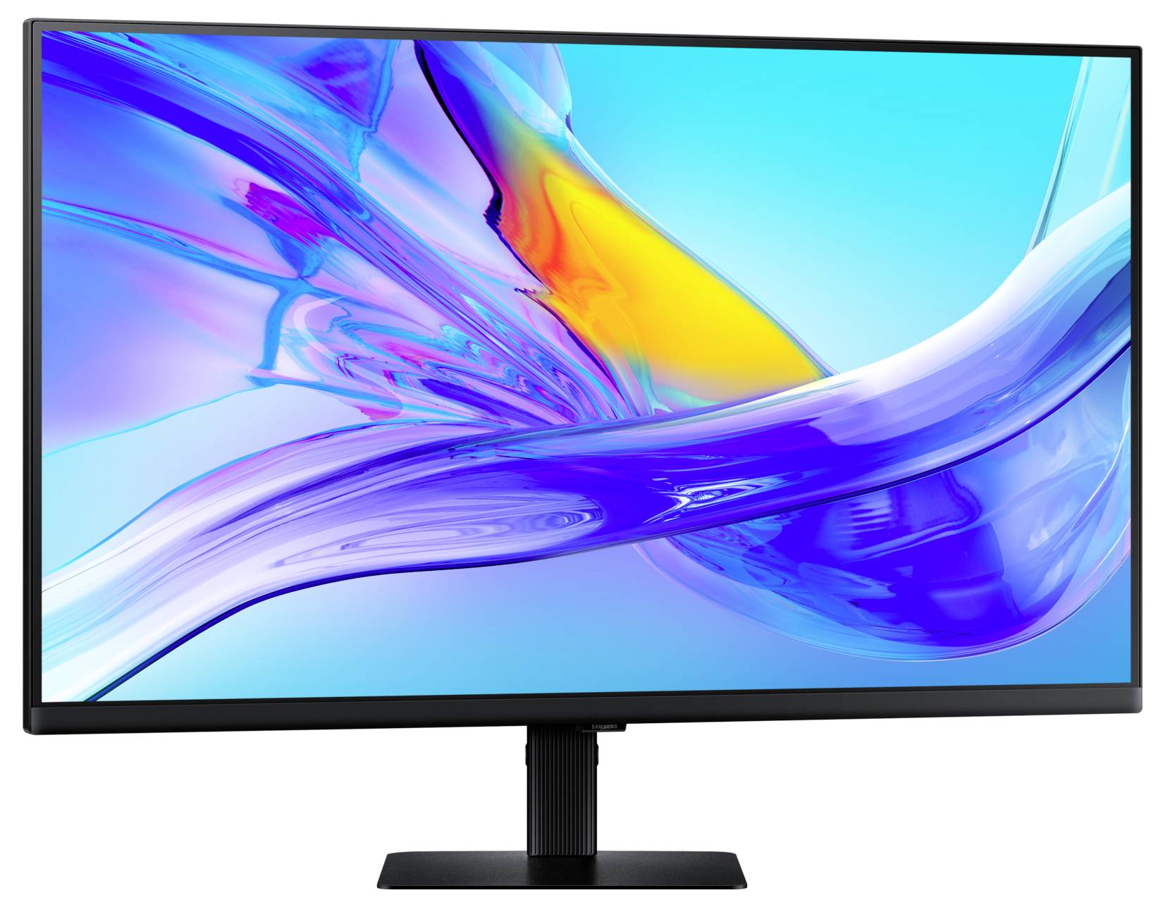 Moderní počítačový monitor zobrazující živé abstraktní umění s dynamickými modrými, fialovými a oranžovými víry na elegantním stojanu.