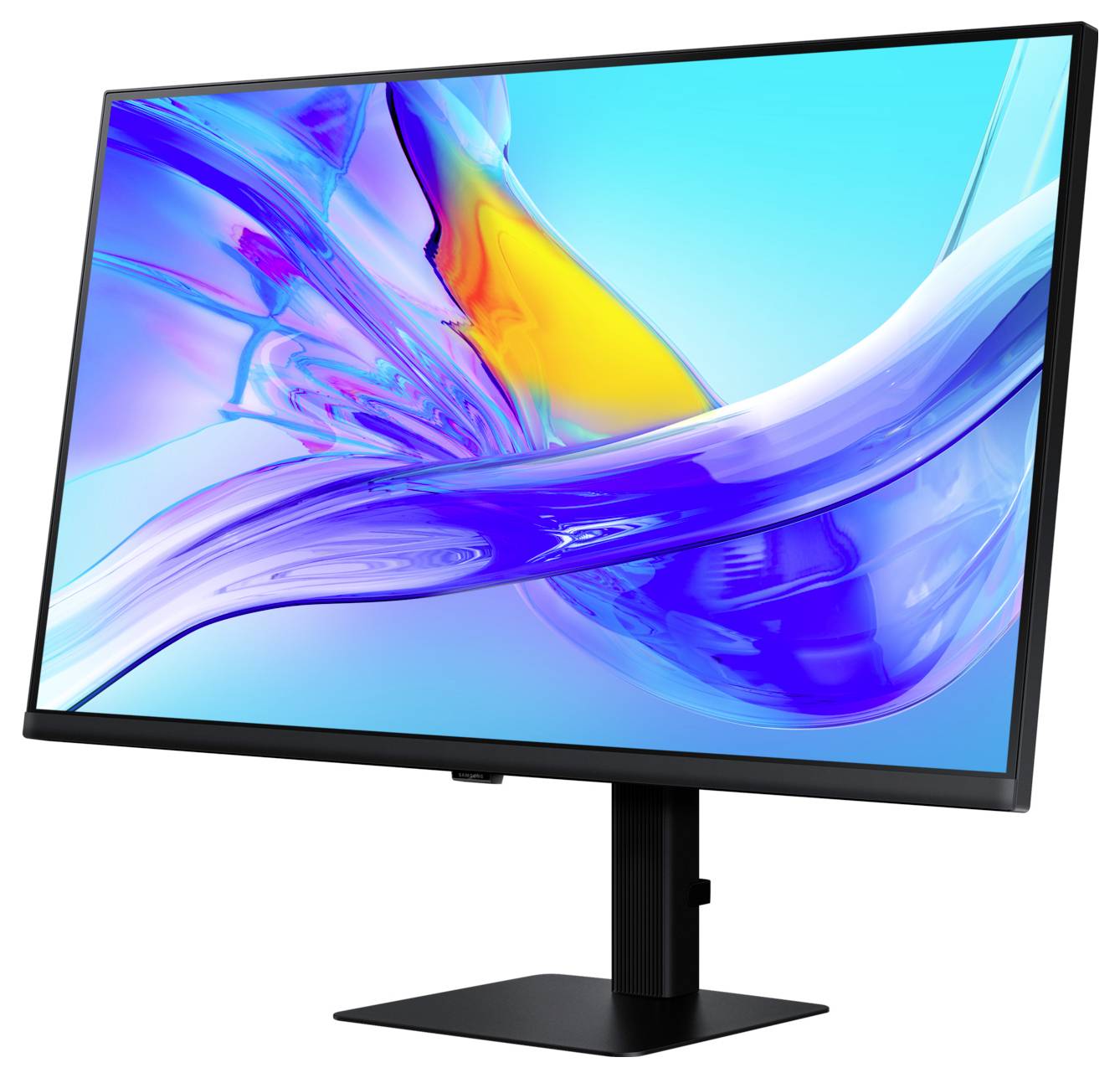 Elegantní počítačový monitor zobrazující barevný abstraktní design na obrazovce, podpíraný minimalistickým stojanem.