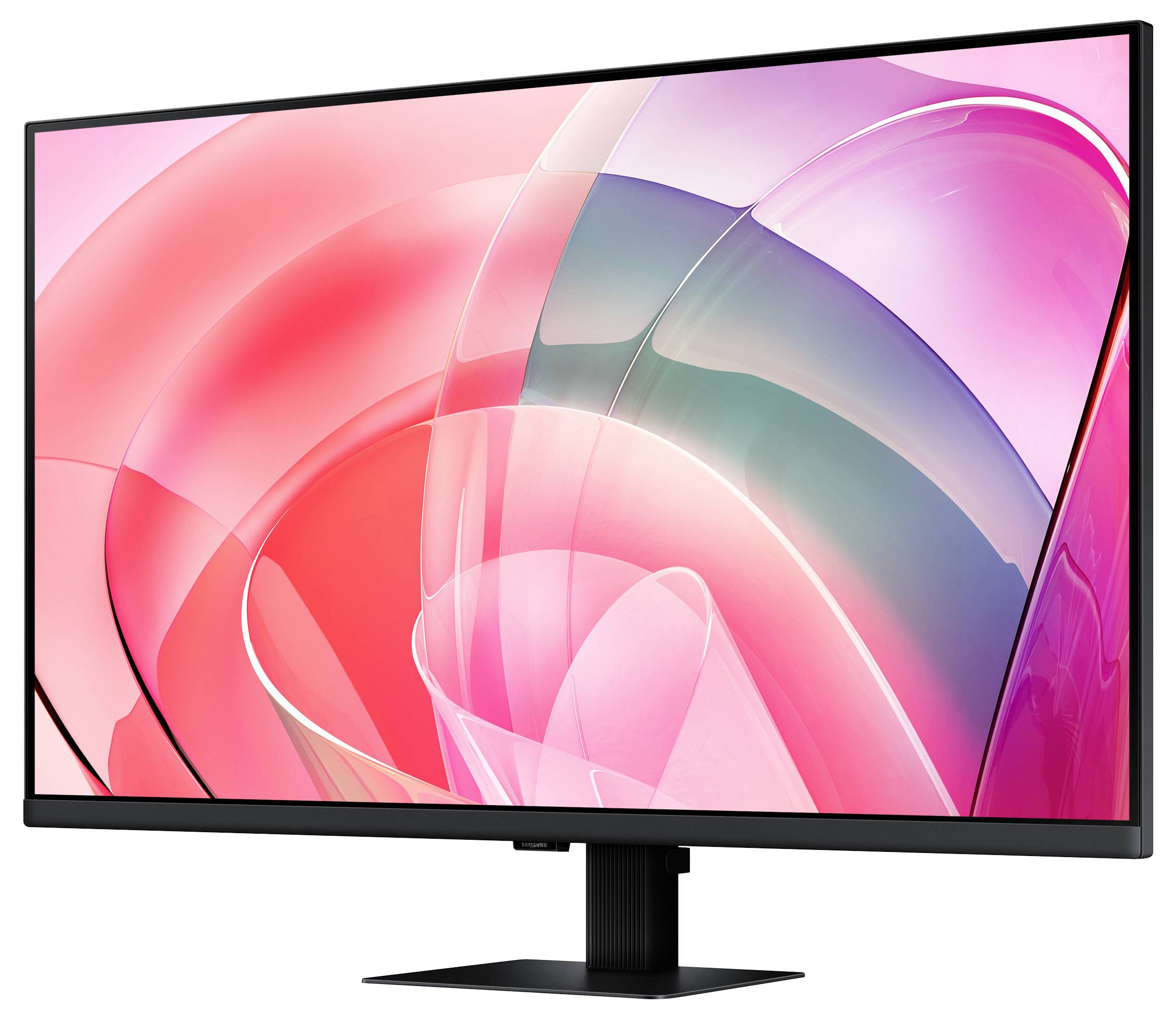Elegantní, moderní počítačový monitor zobrazující živý, abstraktní digitální umělecký design v růžových a fialových barvách na své obrazovce.
