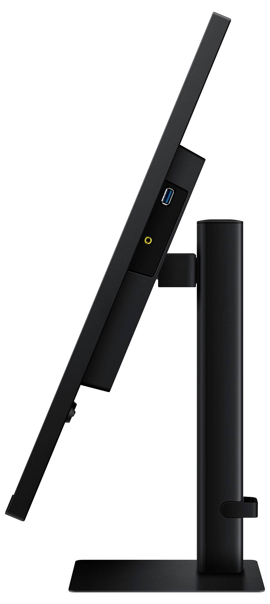 Boční pohled na počítačový monitor s tenkou černou lištou na stojanu, zobrazující USB a audio porty na levé straně.