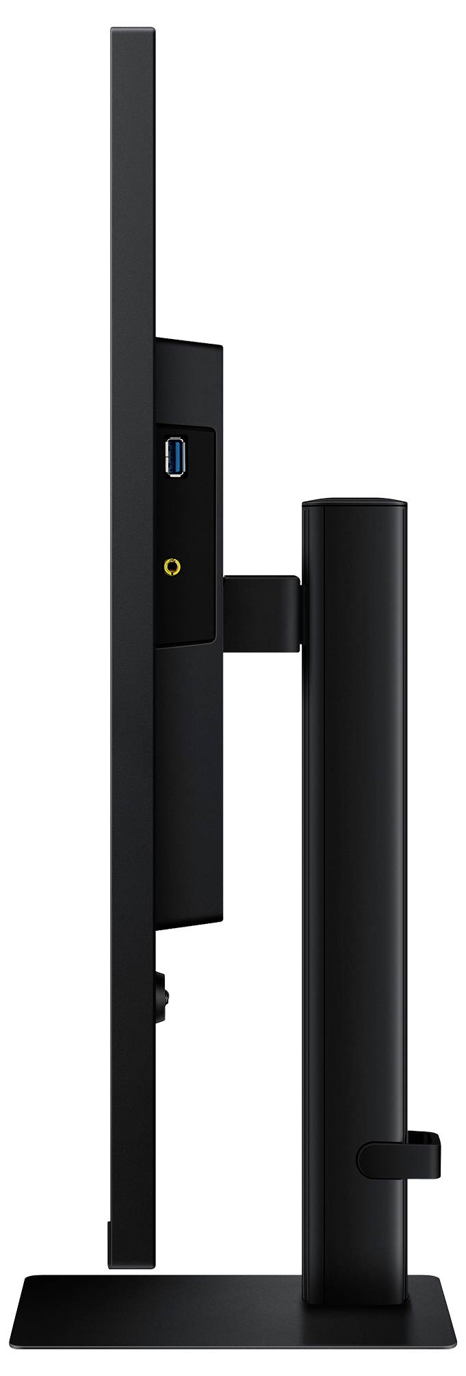 Boční pohled na tenký černý počítačový monitor na stojanu, který ukazuje jeho štíhlý design s USB a audio porty na zadním panelu.