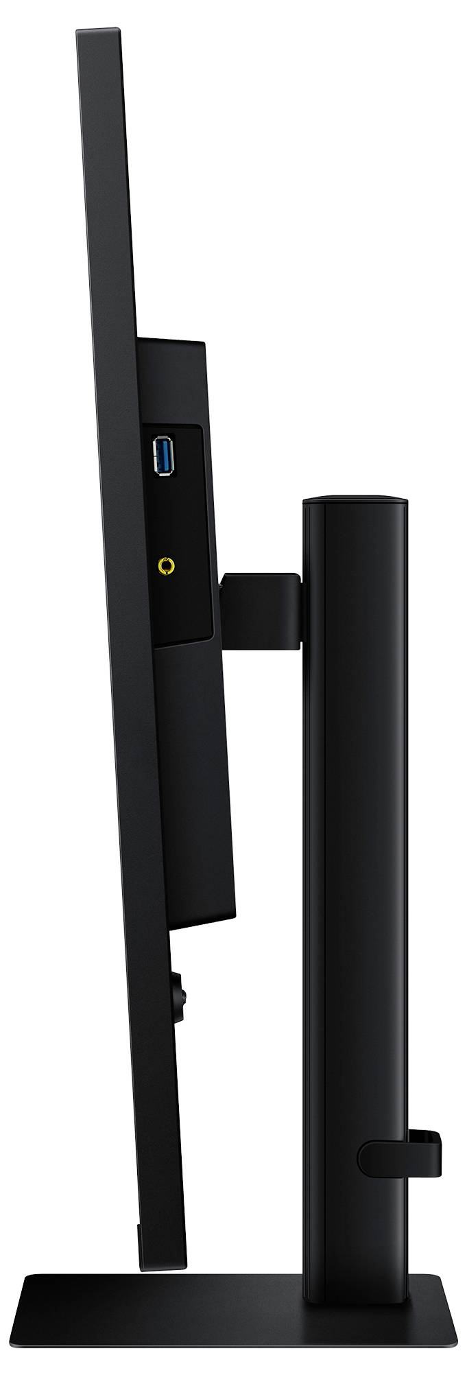 Elegantní černý počítačový monitor zobrazený z bočního profilu, který zvýrazňuje jeho tenký design a nastavitelný stojan.