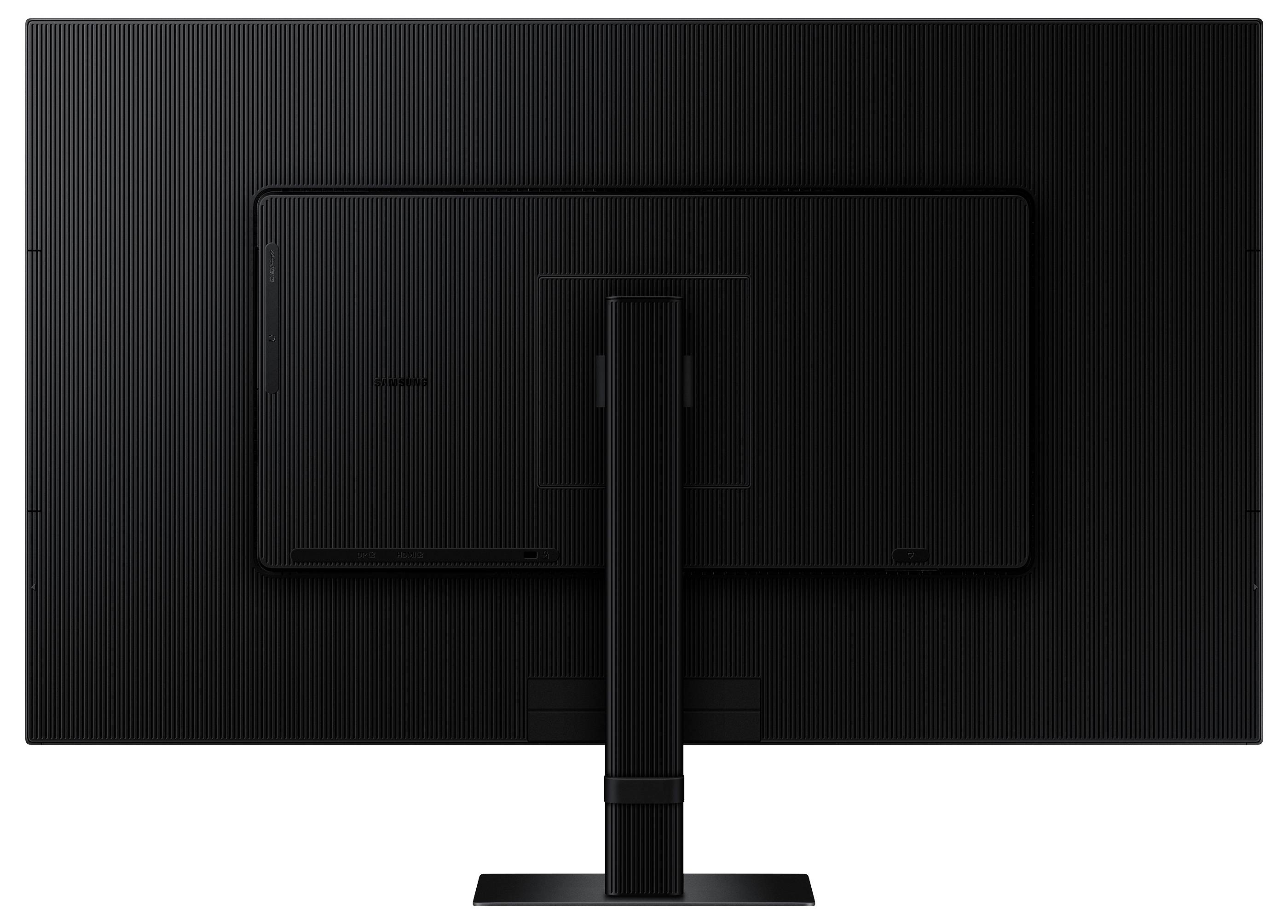 Obrázek zobrazuje pohled zezadu na monitor počítače s černým stojanem, který má vertikální podpěru a minimální detaily.