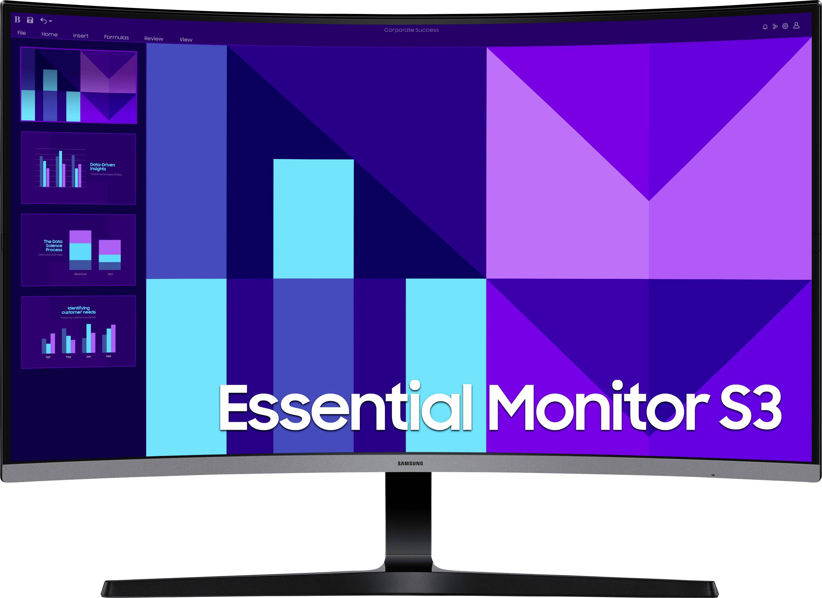 Zakřivený monitor zobrazuje různé fialové a modré geometrické vzory s textem 'Essential Monitor S3' bílou barvou v pravém dolním rohu.