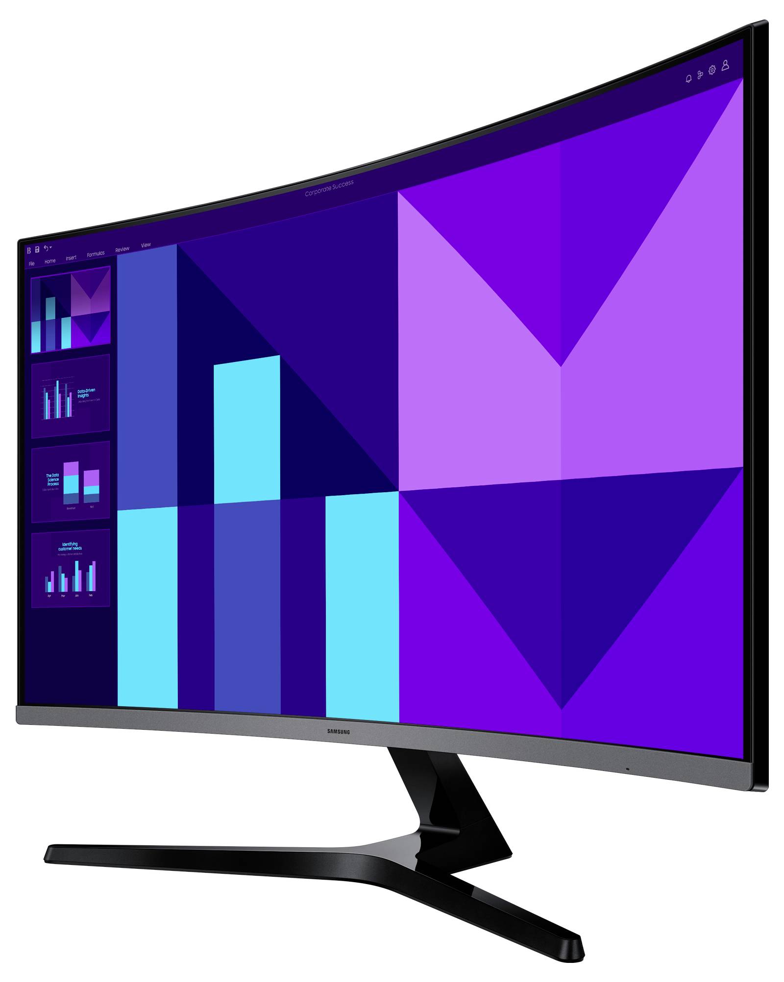 Zakřivený širokouhlý monitor zobrazující barevné sloupcové grafy a geometrické vzory, ilustrující rozmanité možnosti vizualizace dat.