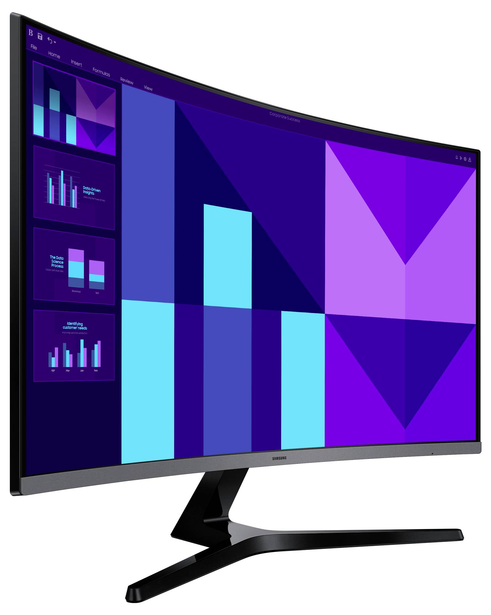 Zakřivený monitor zobrazuje různé modré a fialové sloupcové grafy a geometrické tvary, které simulují analýzu dat nebo obchodní prezentaci na obrazovce.