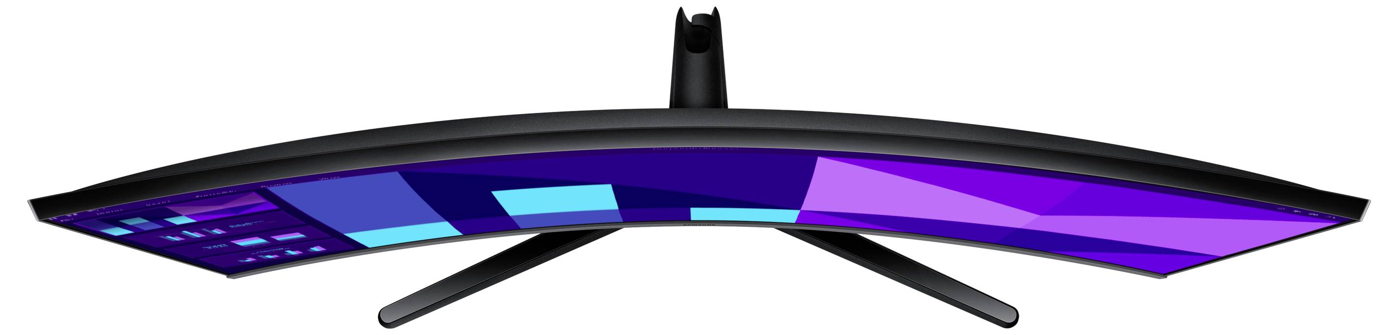 Pohled shora na zahnutý wide-screen monitor zobrazující geometrické modré a fialové tvary na obrazovce, který je upevněn na elegantním stojanu.