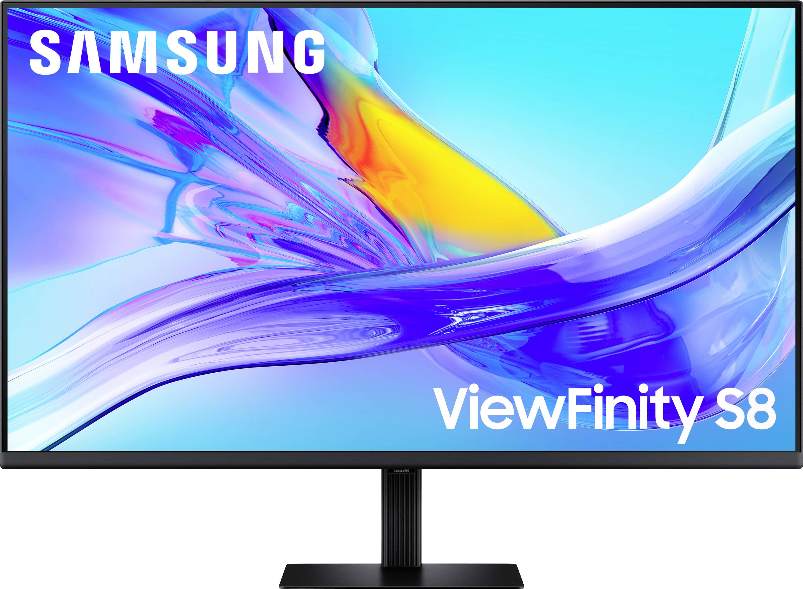 Displej monitoru SAMSUNG ViewFinity S8 s abstraktním modrým a žlutým pozadím.