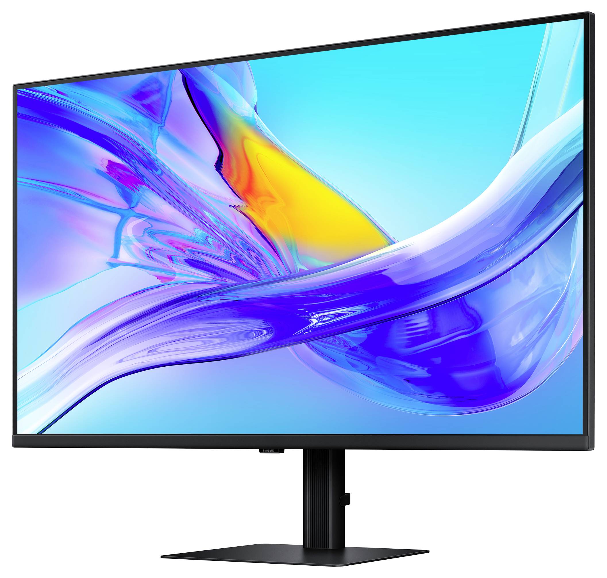Elegantní, moderní počítačový monitor s živým abstraktním uměleckým dílem na obrazovce, zobrazující modré, fialové a oranžové barvy.