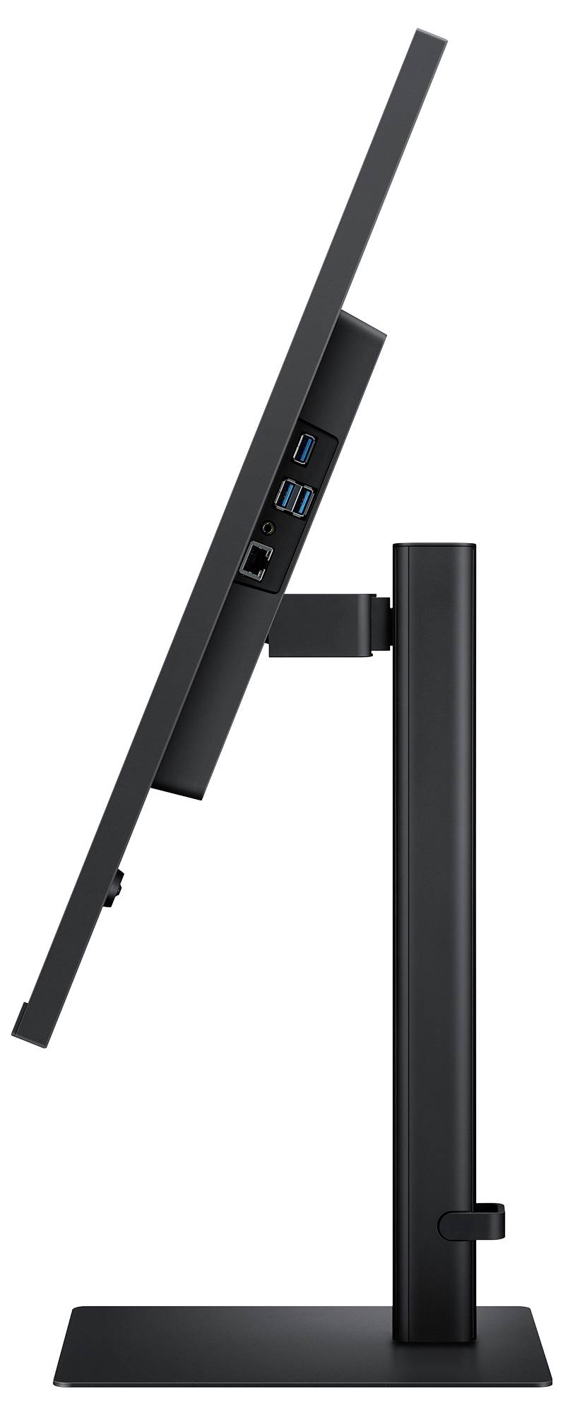 Boční pohled na štíhlý počítačový monitor na stojanu, který ukazuje několik USB portů a ethernetový port na zadní straně.