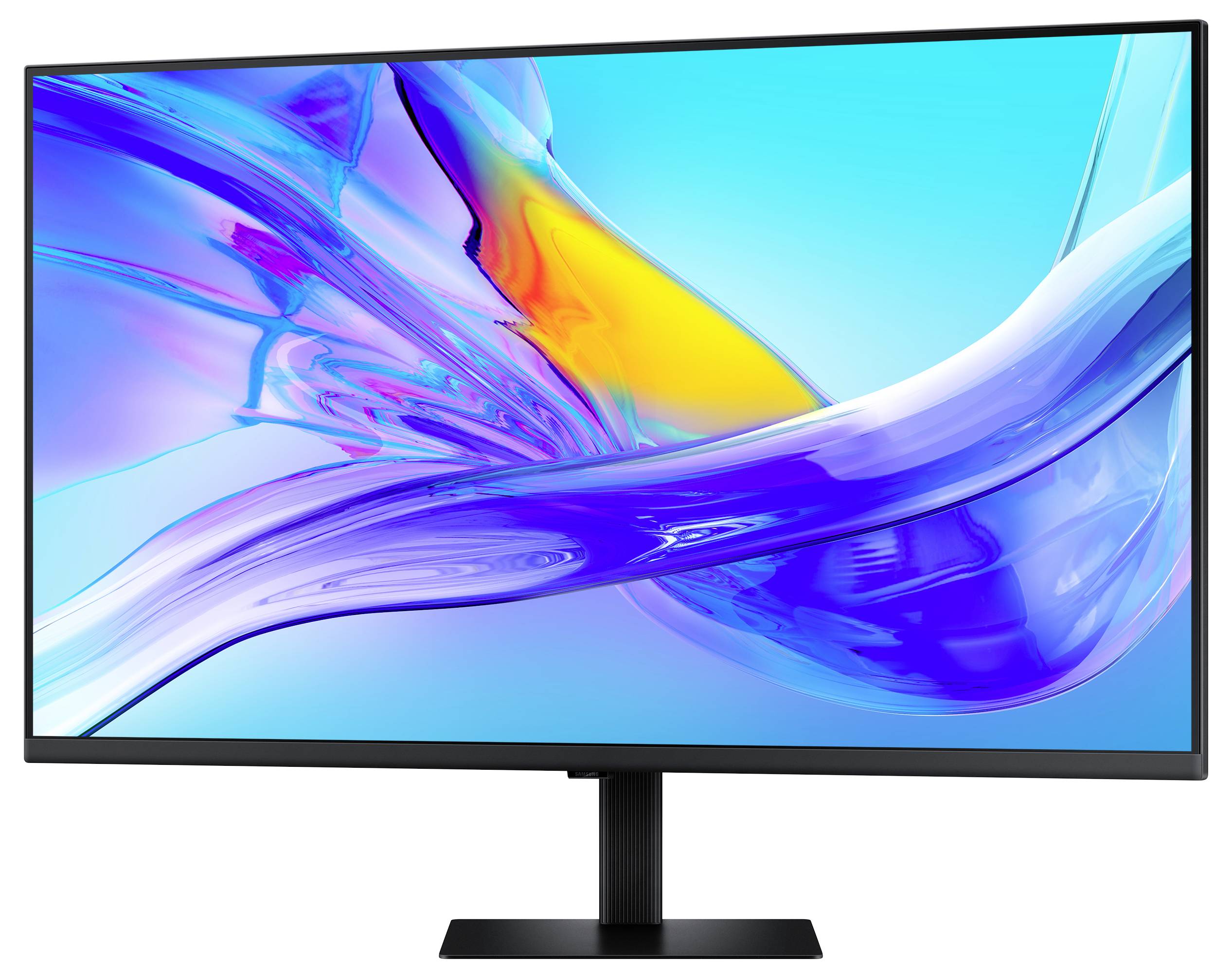 Monitor zobrazuje živý abstraktní obraz s křivými modrými a fialovými tvary na světle modrém pozadí, který navozuje dojem plynulého pohybu.