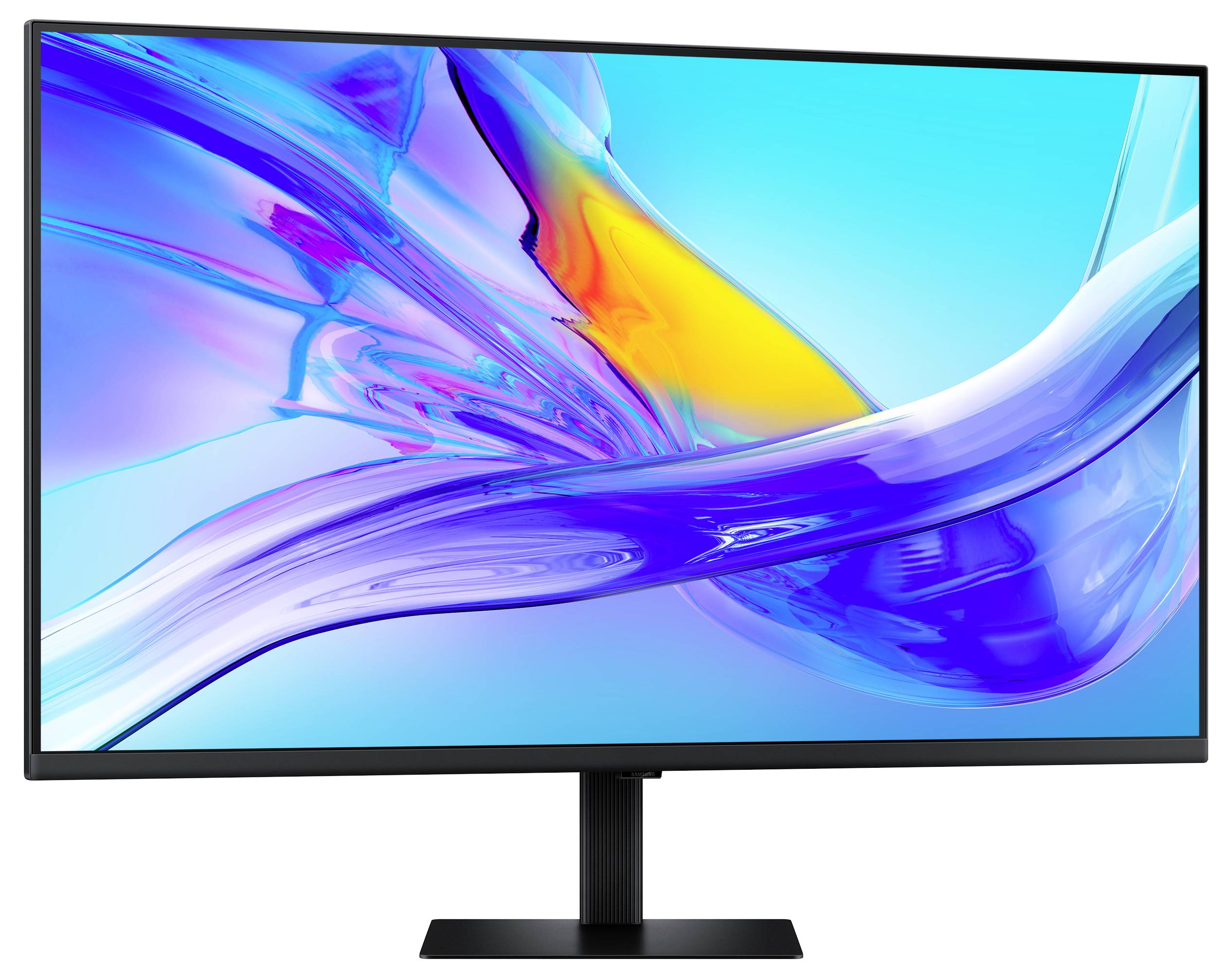 Počítačový monitor zobrazující abstraktní, barevný design s výraznými modrými a oranžovými odstíny, předvádějící čistotu a živost obrazovky.