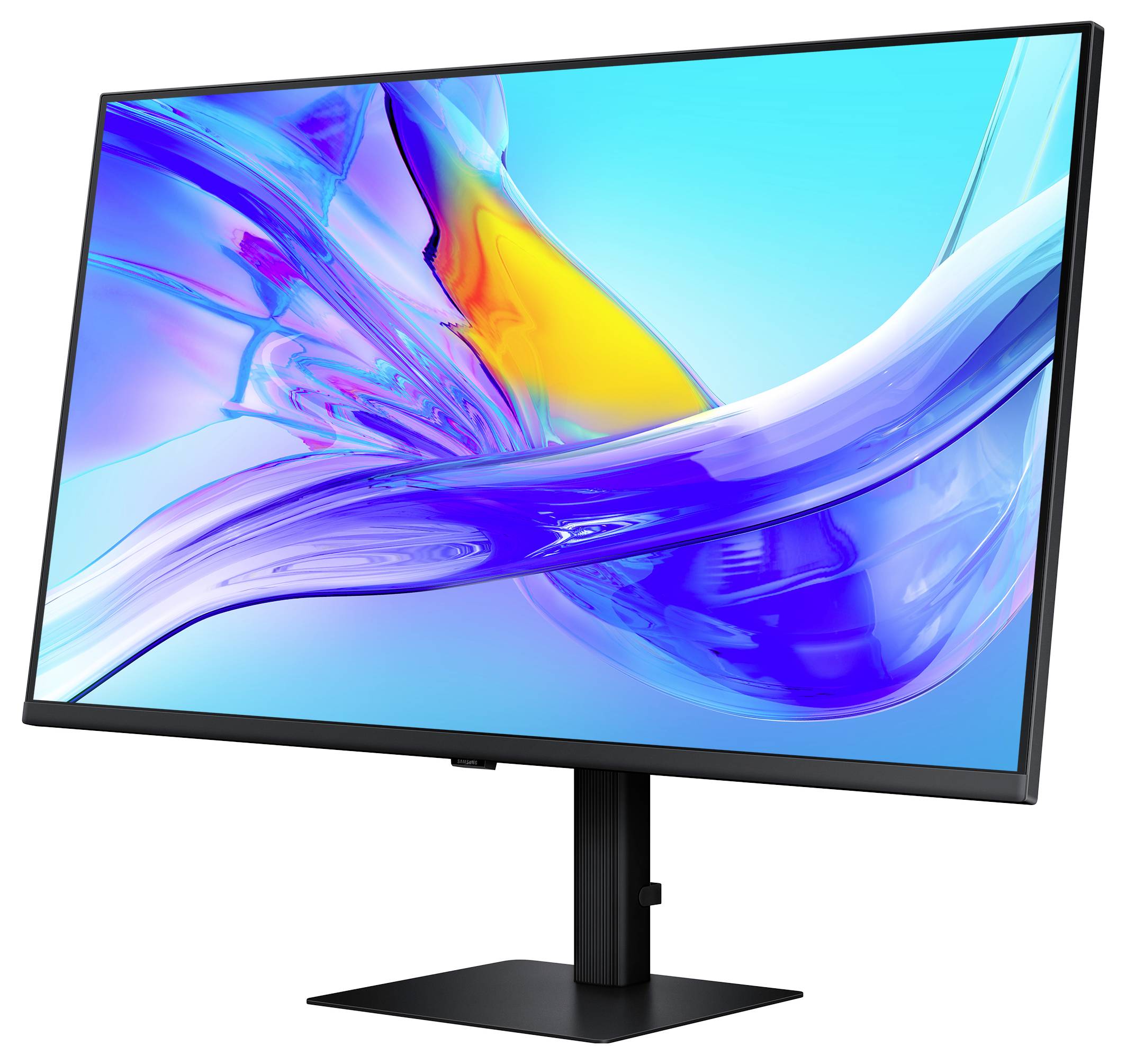 Elegantní počítačový monitor zobrazující živý abstraktní obraz s odstíny modré, fialové a žluté. Monitor je umístěn na černém stojanu.