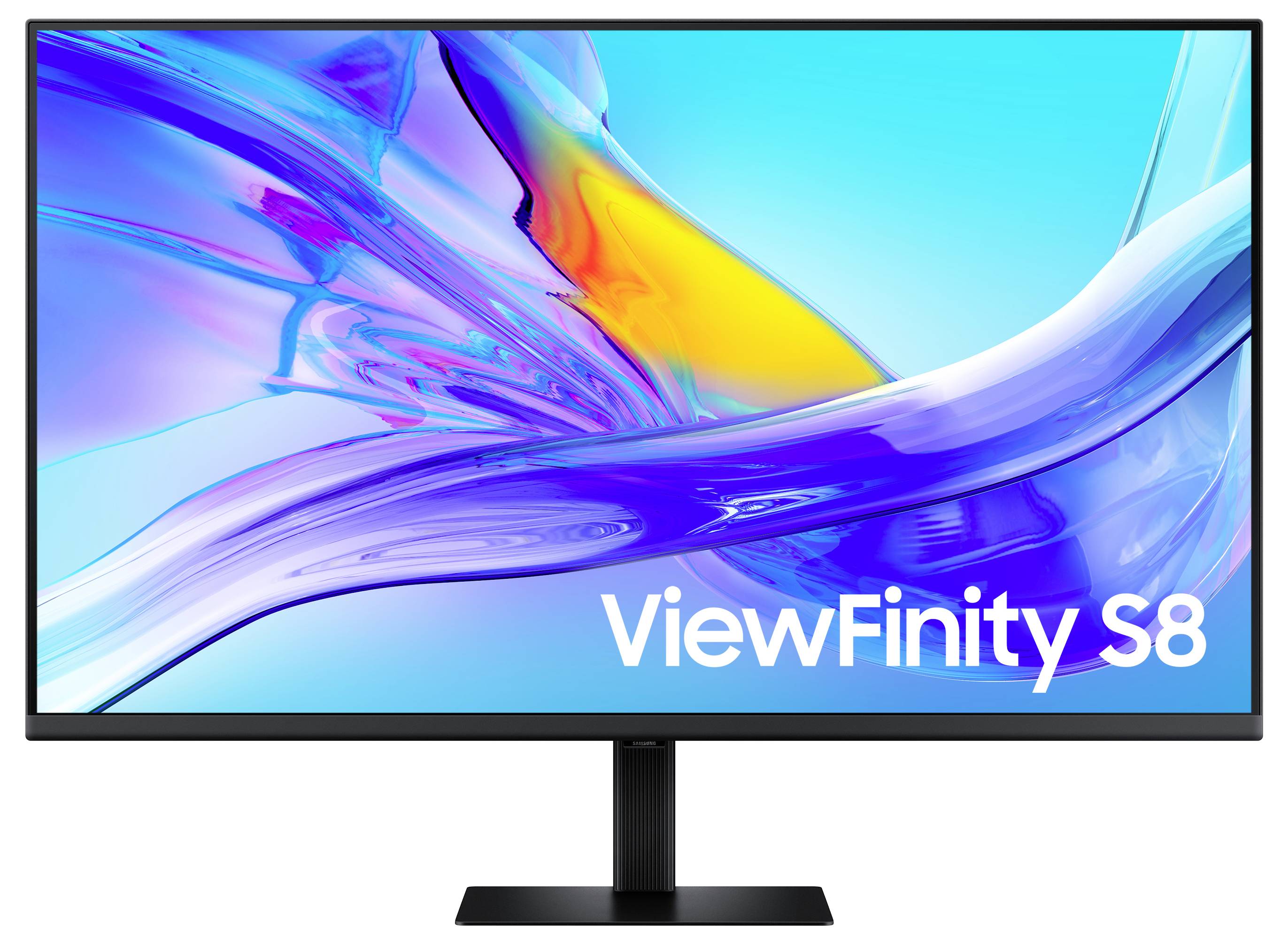 Monitor zobrazuje živé abstraktní tvary v modré a oranžové barvě na obrazovce, s textem 'ViewFinity S8' v pravém dolním rohu.