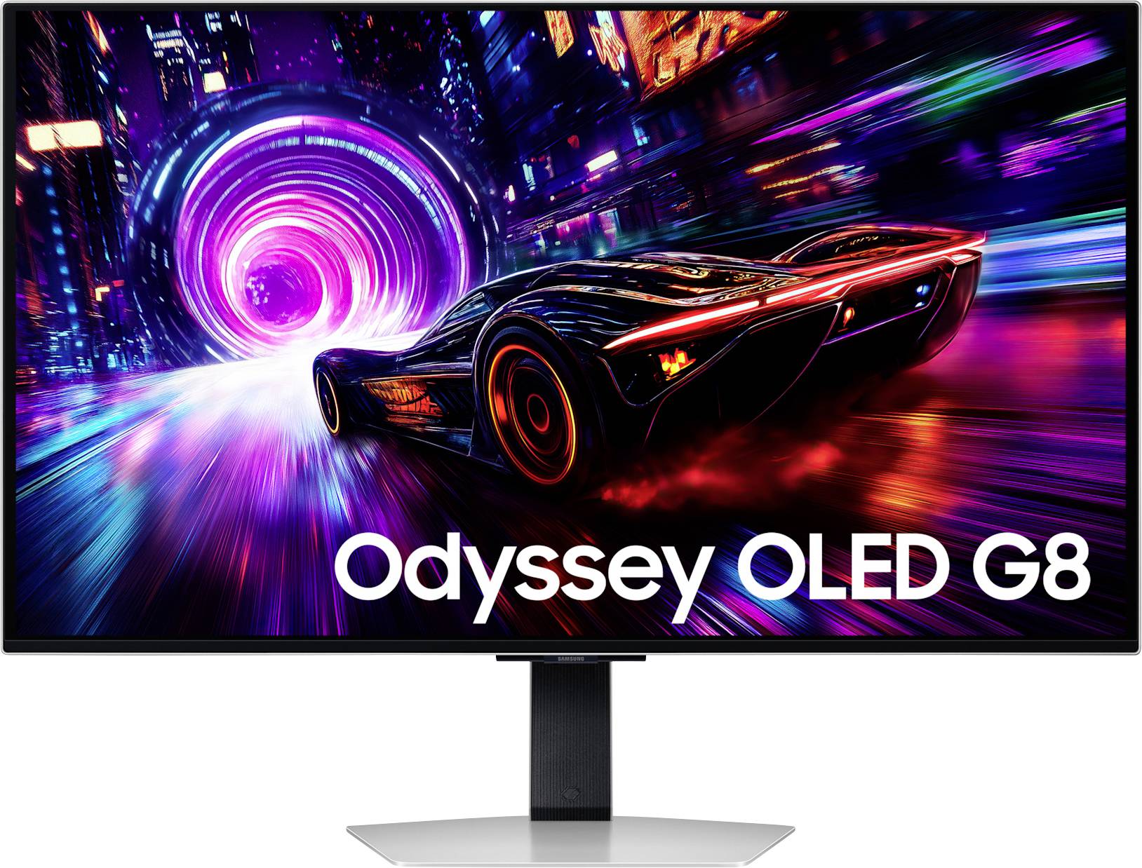 Futuristický vůz se řítí osvětleným neonovým tunelem na monitoru počítačové obrazovky zobrazující text „Odyssey OLED G8".