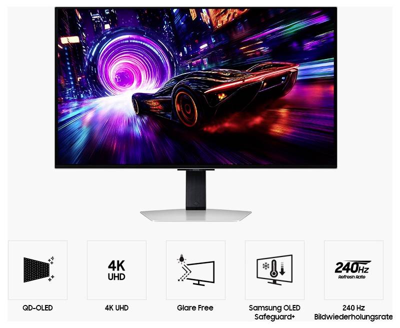 Štíhlé auto letí futuristickým městem s neonovým osvětlením. Níže jsou zvýrazněny ikony 'QD-OLED', '4K UHD', 'Bez odlesků', 'Samsung OLED Ochrana' a '240 Hz Obnovovací frekvence'.