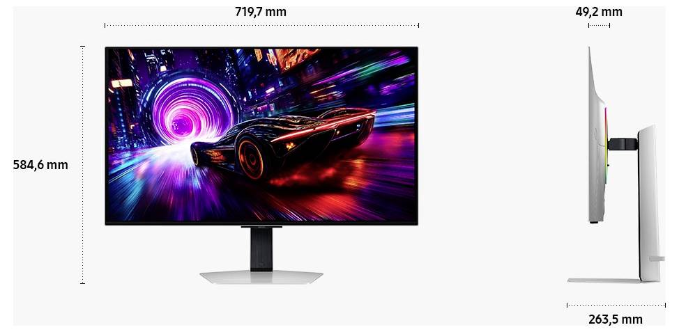 Přední a boční pohled na monitor zobrazující živou scénu automobilových závodů s rozměry: šířka 719,7 mm, výška 584,6 mm, hloubka 49,2 mm.