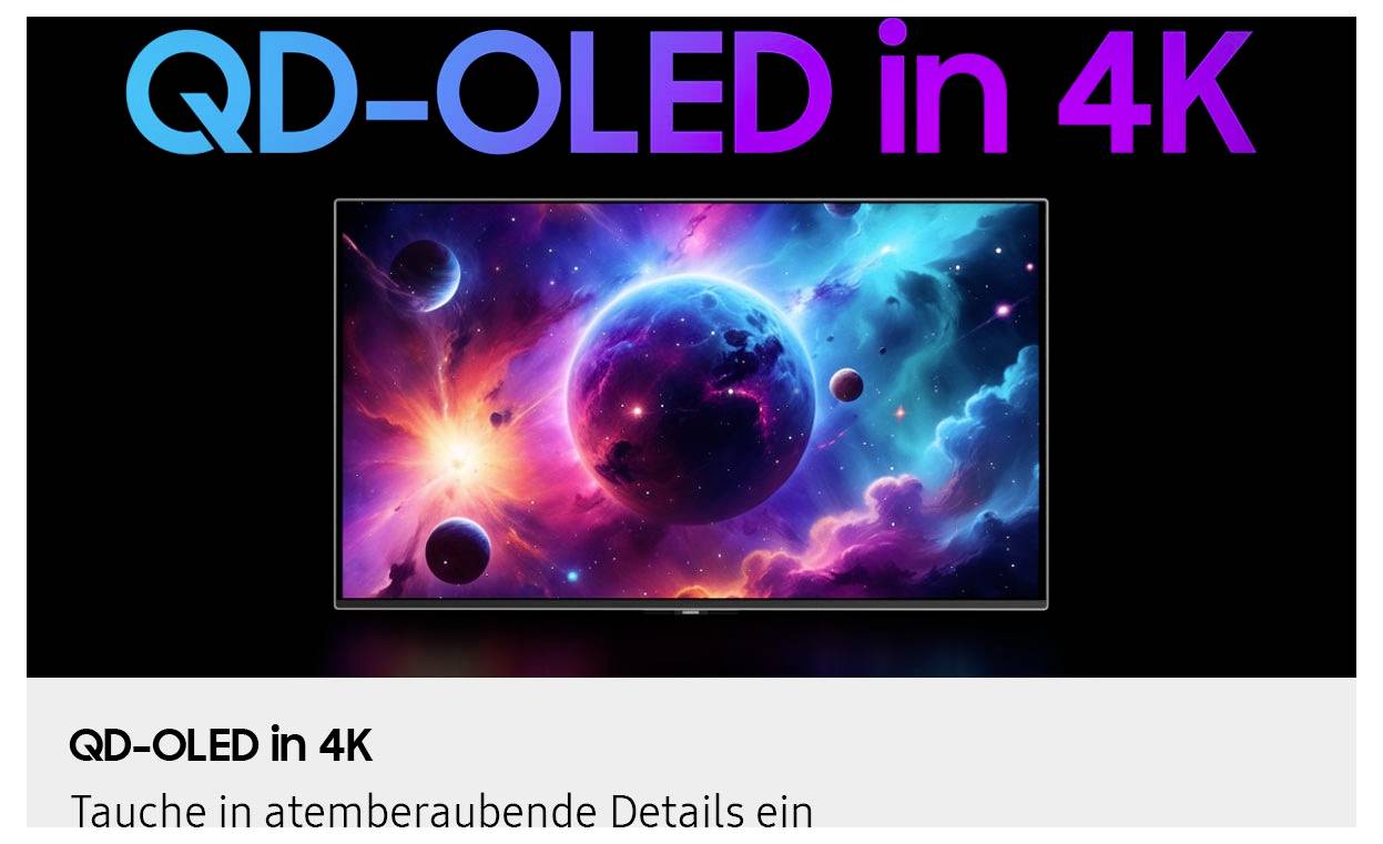 Živý vesmírný obraz na obrazovce 4K QD-OLED TV, zobrazující planety a mlhovinu v sytých barvách. Text: '4K QD-OLED'.