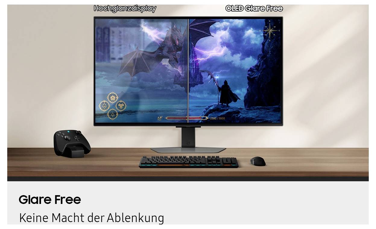 Počítačový monitor zobrazuje fantasy videoherní scénu s drakem a válečníkem. Text na obrazovce uvádí 'Vysoce lesklý displej' a 'OLED bez odlesků'.