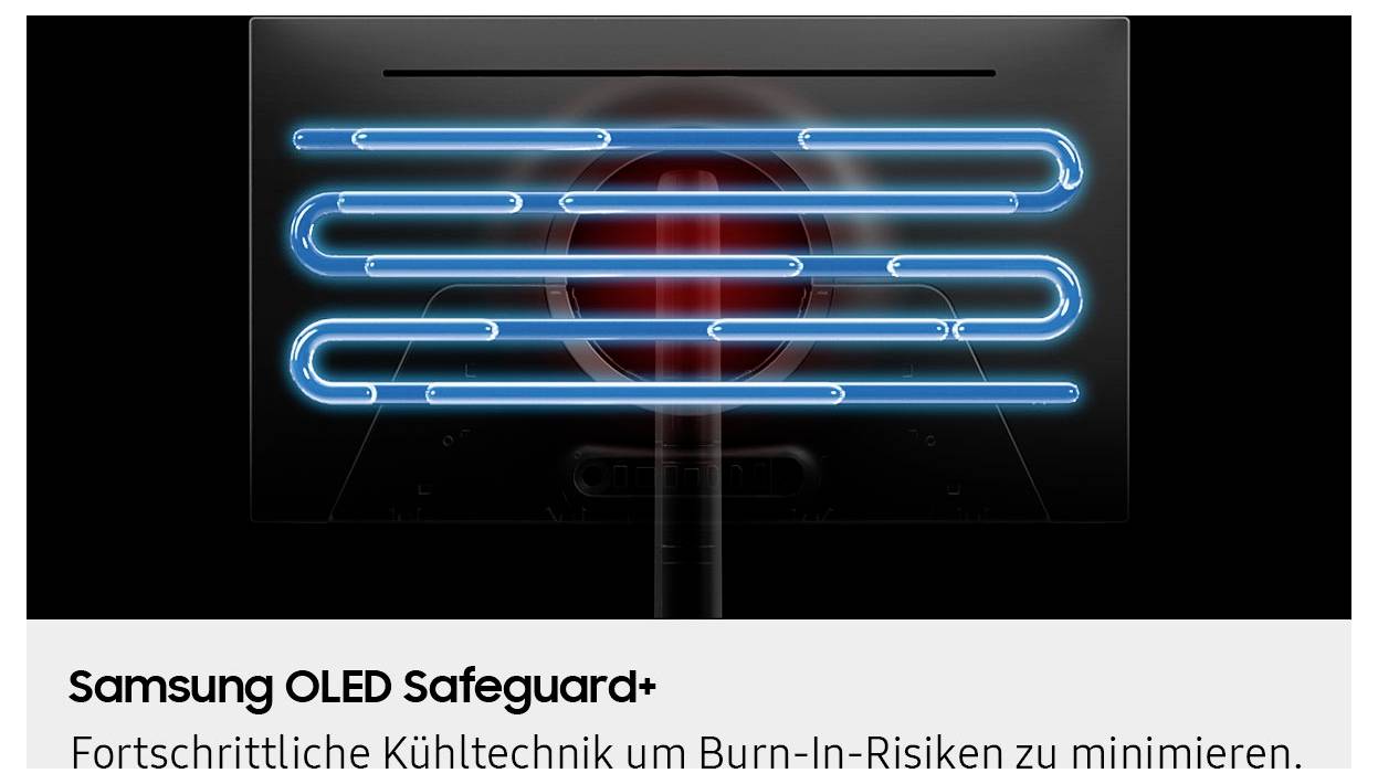 Ilustrace 'Samsung OLED Safeguard+' ukazuje pokročilou chladicí technologii, která minimalizuje riziko vypalování obrazu.