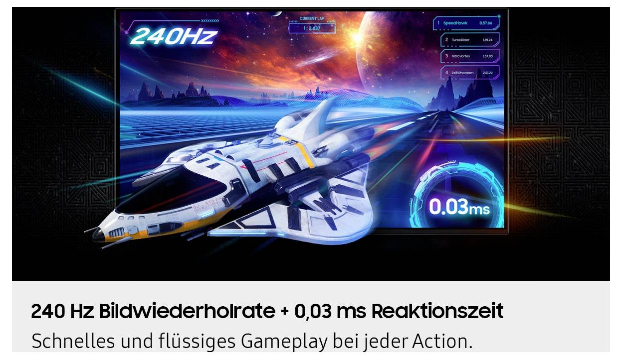 Futuristická vesmírná loď se pohybuje na obrazovce se zobrazením '240Hz' a '0,03ms', což zvýrazňuje rychlou, plynulou herní grafiku a minimální dobu odezvy.