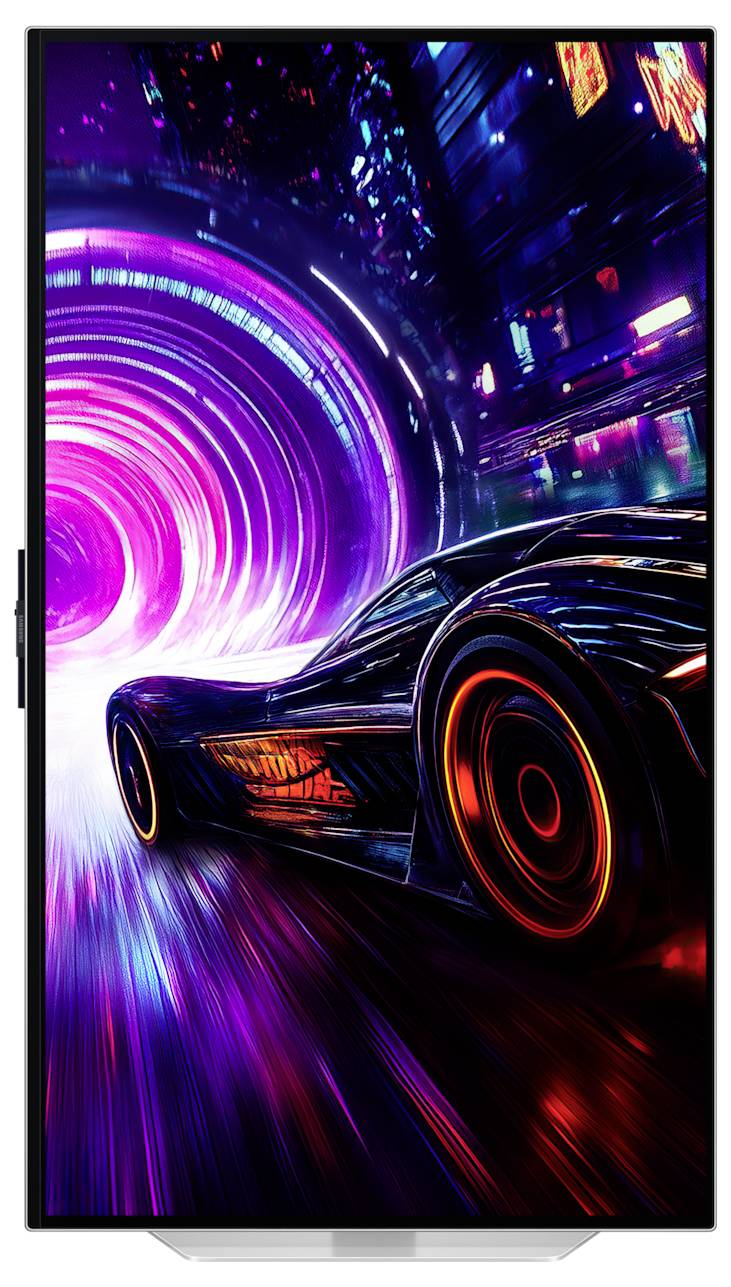 Futuristické auto se řítí osvětleným neonovým velkoměstem, za sebou zanechává světelné stopy, v pozadí se klene zářící tunel.